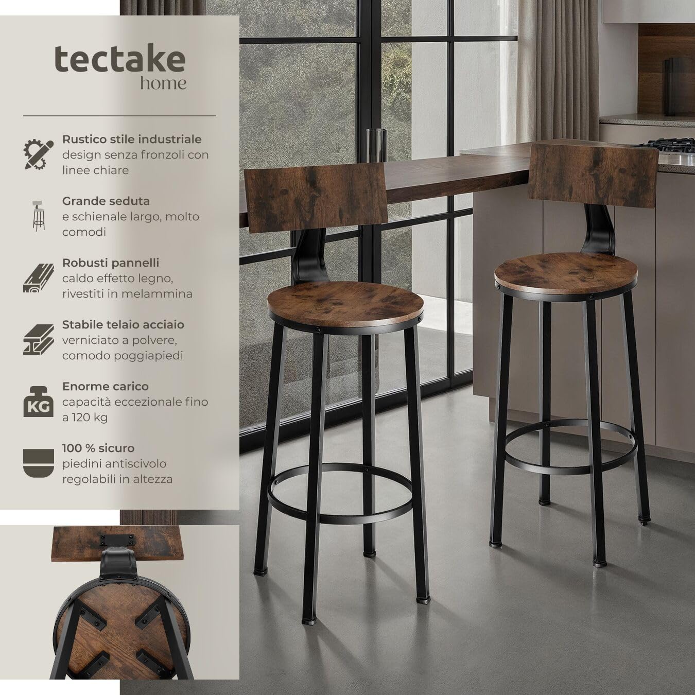 tectake® Set 2 Sgabelli da Bar, Altezza Regolabile, Schienali Grandi, Struttura in Acciaio, Seduta in Legno, Comodi, per Isola Cucinae bancone bar, Capacità 120kg - Legno Industriale Scuro