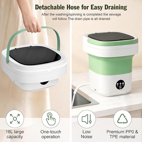 16L Portable Washing Machine with Spin Basket 3 Wash Modes Timer - Collapsible, Portable Clothes Washer for Travel Apartment Camping Dorm Hotel - Deep Cleaning Mini Washer Compact Washing Machines - 2