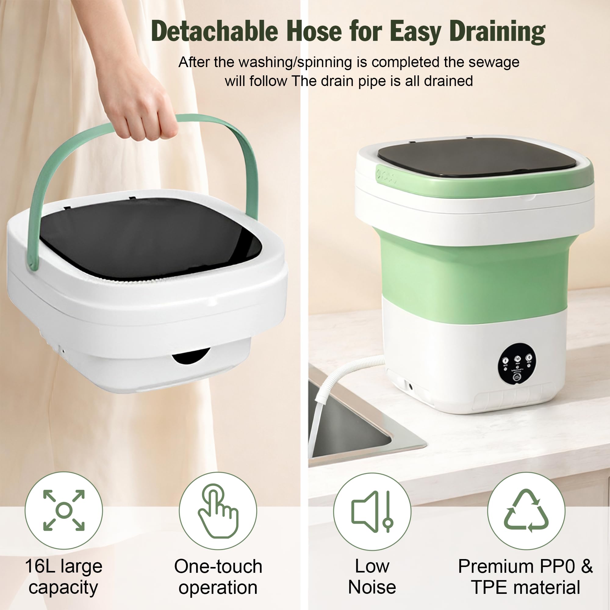 16L Portable Washing Machine with Spin Basket 3 Wash Modes Timer - Collapsible, Portable Clothes Washer for Travel Apartment Camping Dorm Hotel - Deep Cleaning Mini Washer Compact Washing Machines — view 2