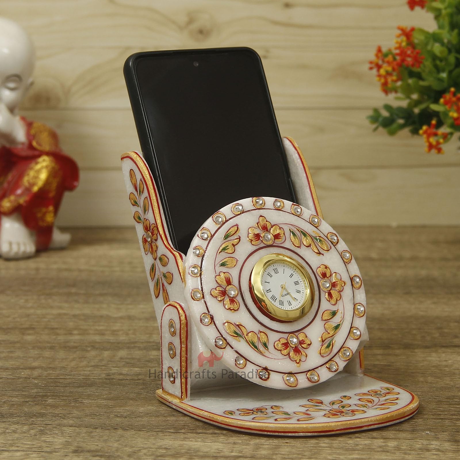 Handicrafts Paradise Rajasthani Marble Mobile Holder with Clock