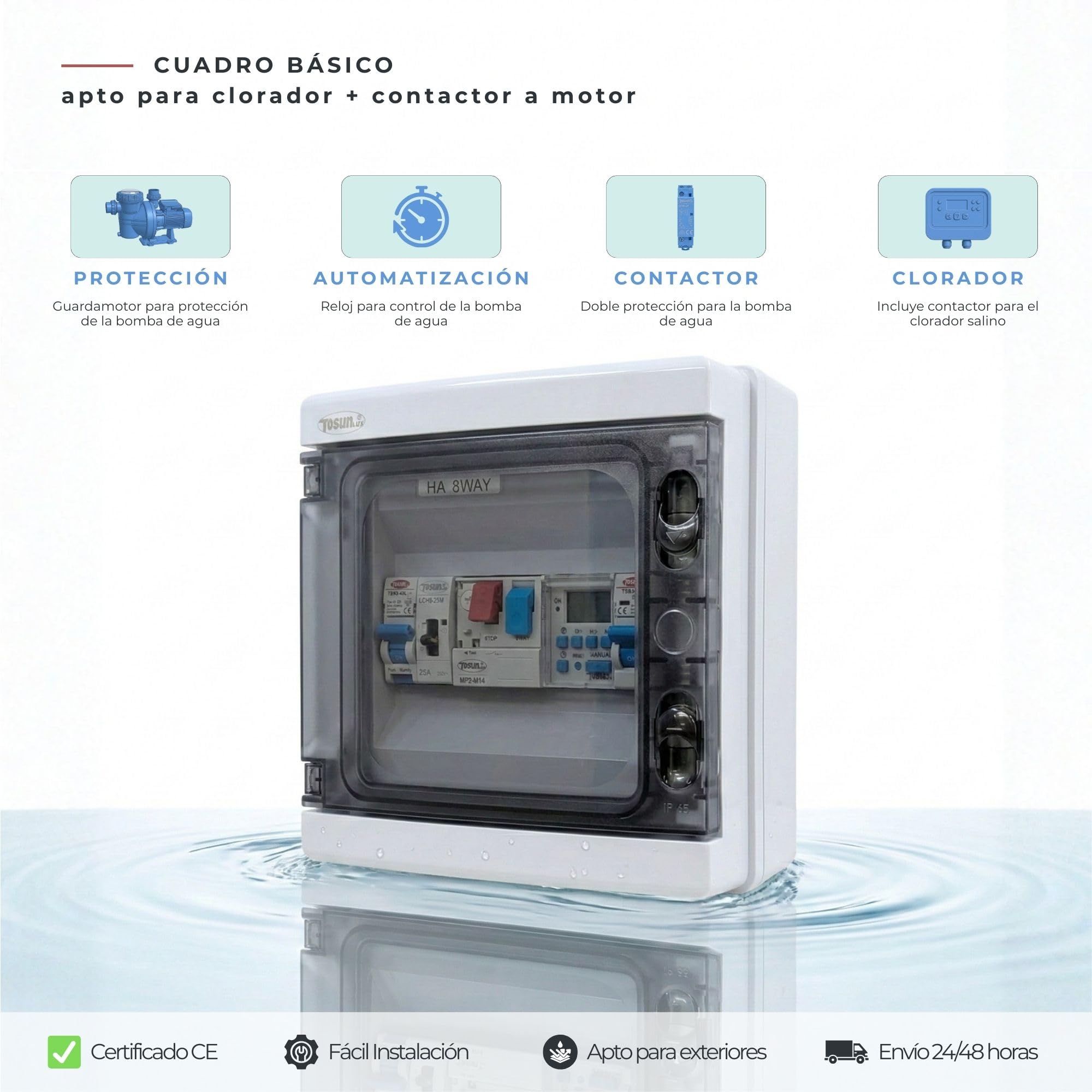 SWIMHOME Cuadro Eléctrico Básico Alta Resistencia para Piscina | Solo Motor | Contactor para Motor y Clorador | Bomba de Agua 0,5CV 2,5-4A