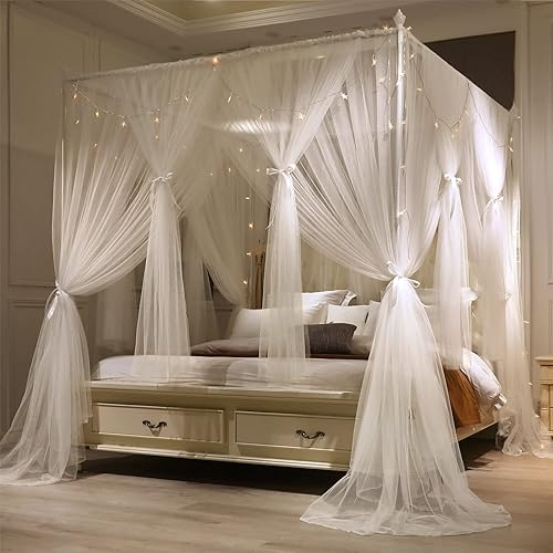 Miniatura 5 de VETHIN 4 Corners Post Princess Bed Canopy Curtain Double Layer Cozy Drape Netting 4 Opening Mosquito Net for Girls & Adults Bedroom Decoration