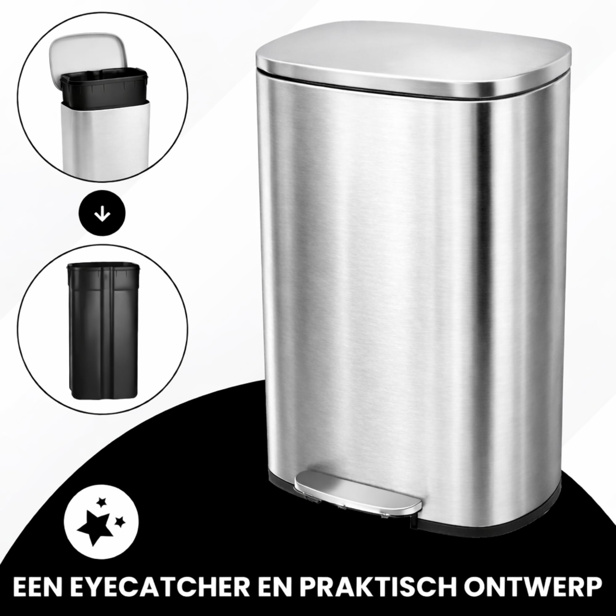 Bayt Mülleimer 50L Treteimer, Abfalleimer Edelstahl mit Deckel & Soft-Close, Rechteckiger Küchenmülleimer mit Inneneimer, Fingerprintproof Müllbehälter, Silber