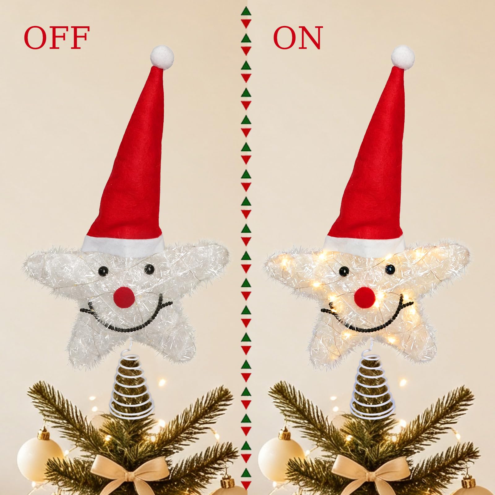 Puntale per albero di Natale a forma di stella, con 20 luci a LED bianco caldo, funzionamento a batteria, timer 6 ore, carino elfo bianco con faccia di elfo illuminato a stella, ornamento per la parte