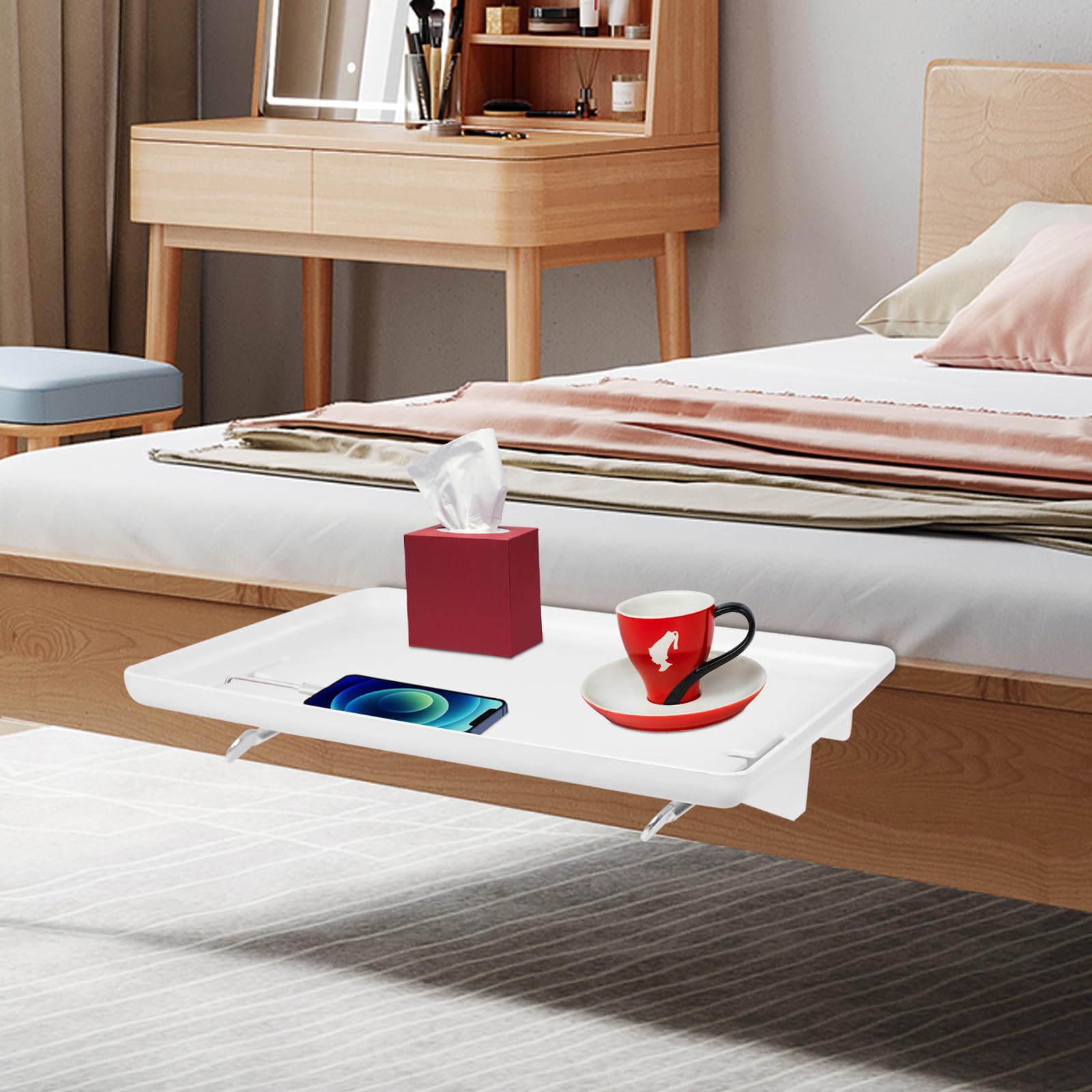 Nachttisch Regal,Nachttischregal für Bett, Aufsteckbare Bettablage mit Kabelschlitz, Nachttischregal,Clip-On-Nachttisch,Tablett-Organizer,College-Wohnheim (Weiß)