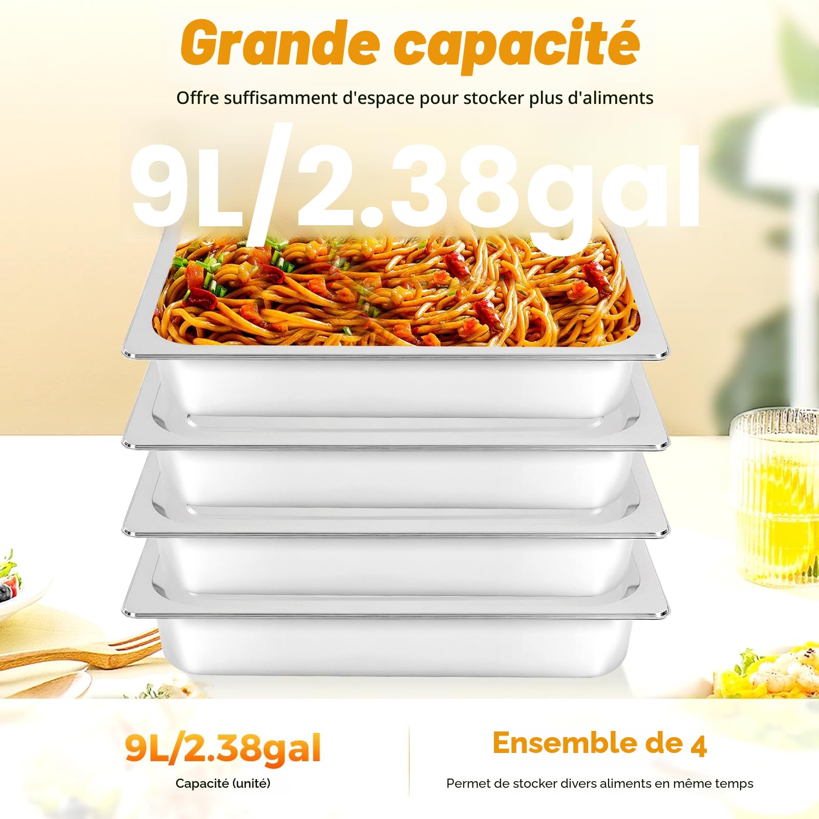 Lot de 4 bols à panure en acier inoxydable - Récipient alimentaire GN avec couvercle - Récipient rectangulaire pour restauration - Pour buffet
