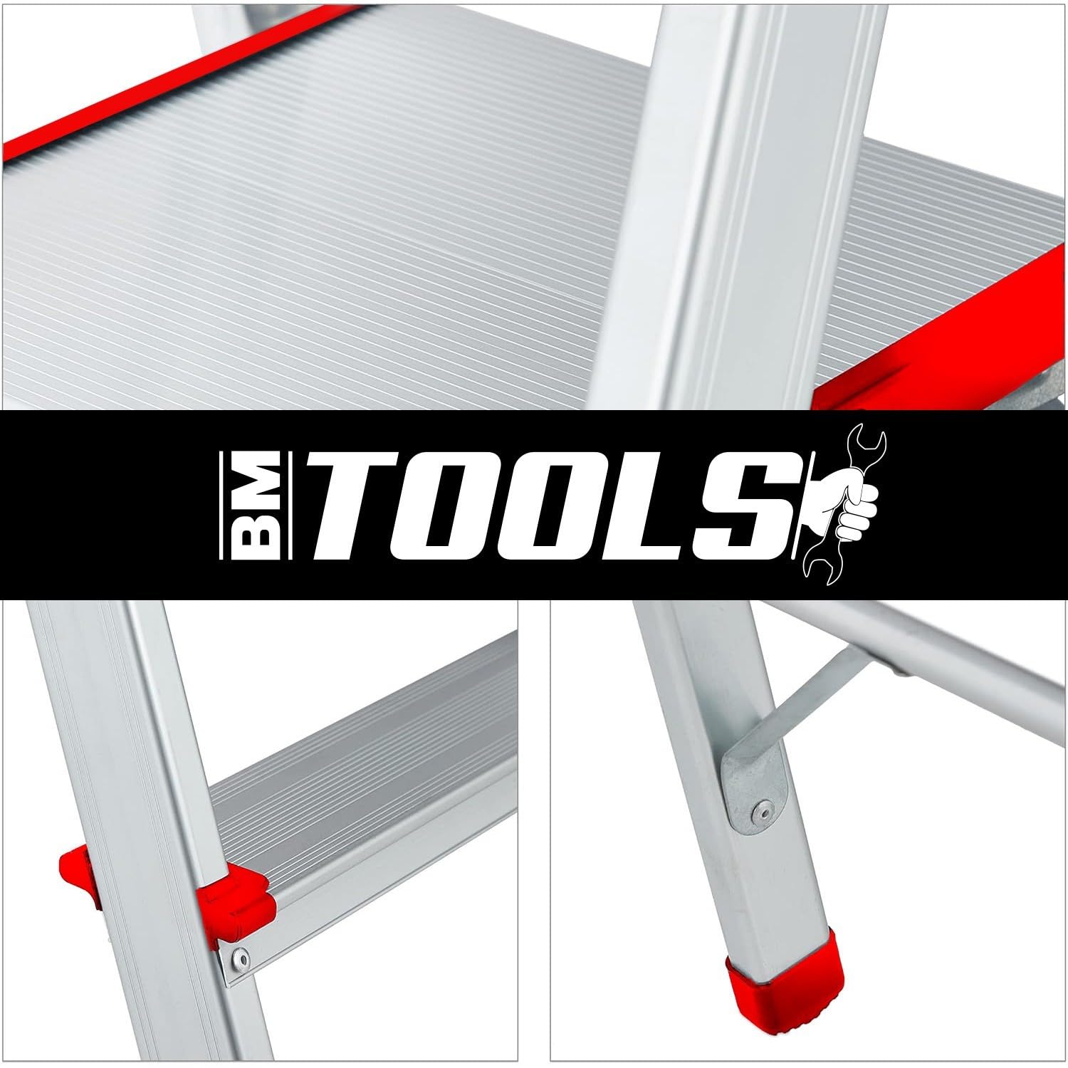 Escabeau à 5 marches BM TOOLS BMT-ESC5-ALU - Haut. de Travail : 99 cm - Prend Peu de Place et se Range Facilement - en Aluminium