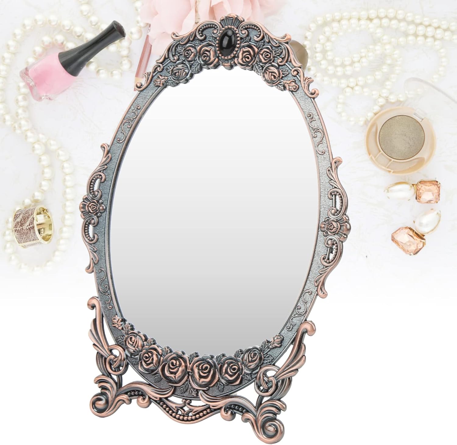 HEEPDD Vintage Rose Embossed Oval Cosmetic Mirror with Stand, Copper, 11x7.9 Inch, for Home Bedroom Bathroom