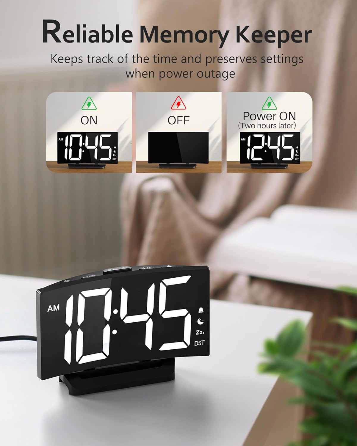 GOLOZA Digital Alarm Clock showing power-off memory function