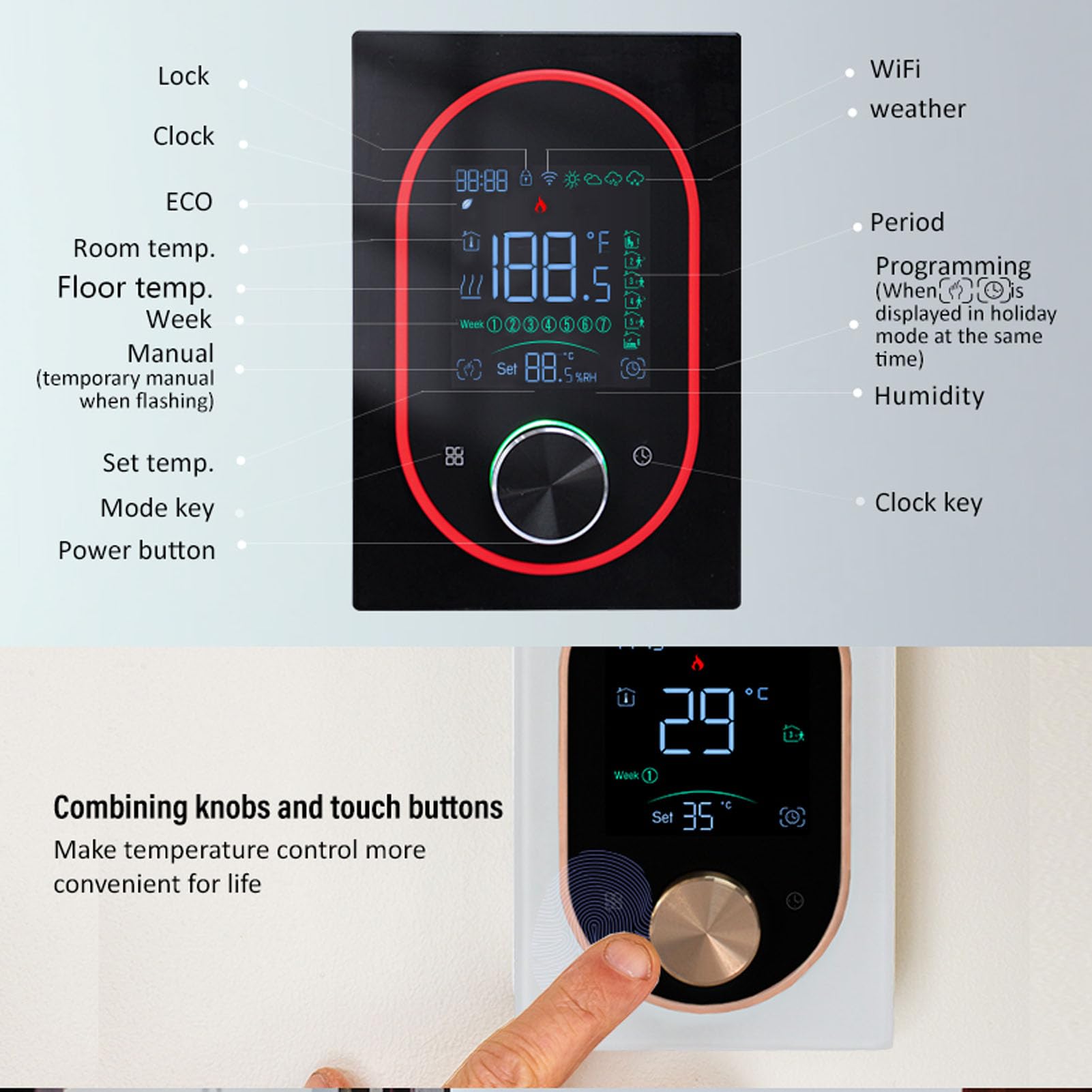 Inteligentny termostat pokojowy regulator temperatury 2,4 GHz do ogrzewania elektrycznego aplikacja mobilna ekran dotykowy i sterowanie pokrętłem tygodniowo programowalny głos (White)