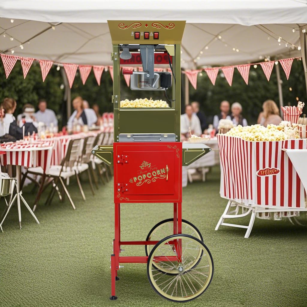 Carrello per popcorn da 340 g con bollitore in acciaio inossidabile, lampada termica e accessori per riunioni di famiglia, feste, vacanze e distributori di popcorn al cinema, rosso