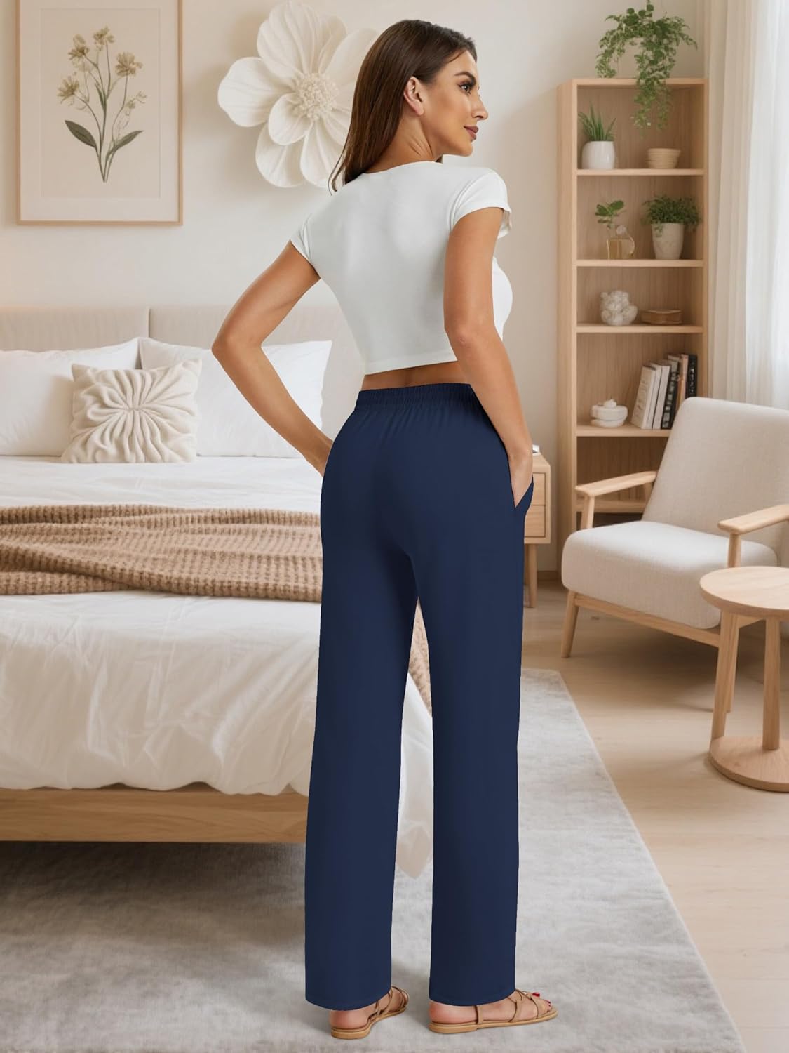 Womens Wide Leg Casual Pants High Waisted Lounge Pants Comfy Business Work Pants with Pockets Navy - Image 5