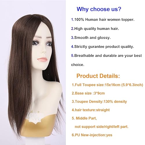 Miniatura 4 de 14 pulgadas base de seda Cabello humano Topper Pelucas con 5 clips en seda Remy Europeo pelo Toupee para las mujeres pelo fino 15X16CM Color #4