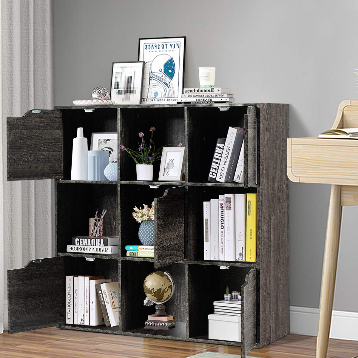 RELAX4LIFE Estantería Libros de 3 Niveles con 9 Compartimentos y 5 Puertas, Estantería de Madera con Dispositivo Antivuelco para Salón, Oficina y Estudio, Muebles de Salón, 90x29x90cm (Gris)