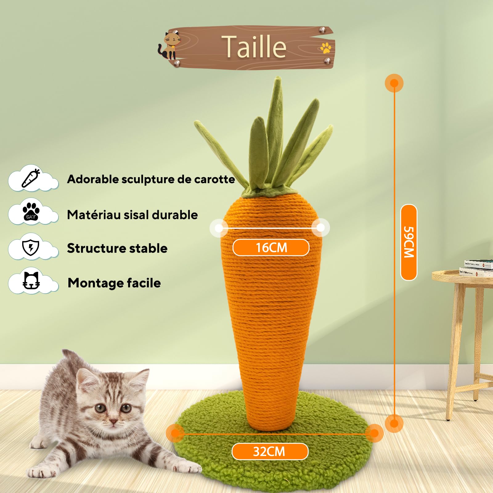 AUSCAT Arbre à Chat Carotte, 42 cm, Carotte Mignonne, griffoir, en sisal Naturel, intérieur pour Chatons
