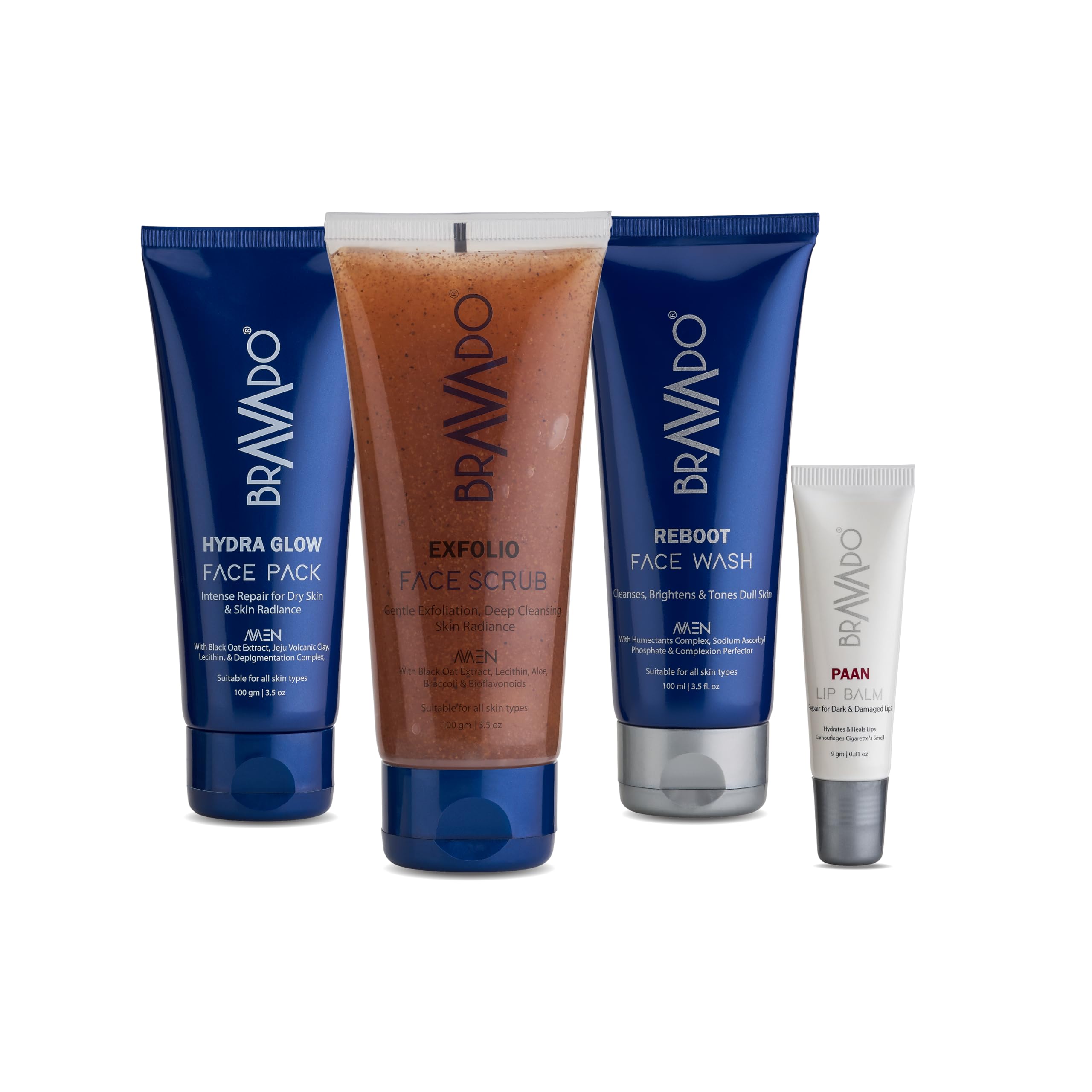 Bravado Personal Grooming 4 -In -1 Face Care Combo Kit - Pack contain - Reboot Facewash, Exfolio Face Scrub, Hydra Glow Face Pack, Lip Balm Paan -259g (Set of 4 Products)-picture-19