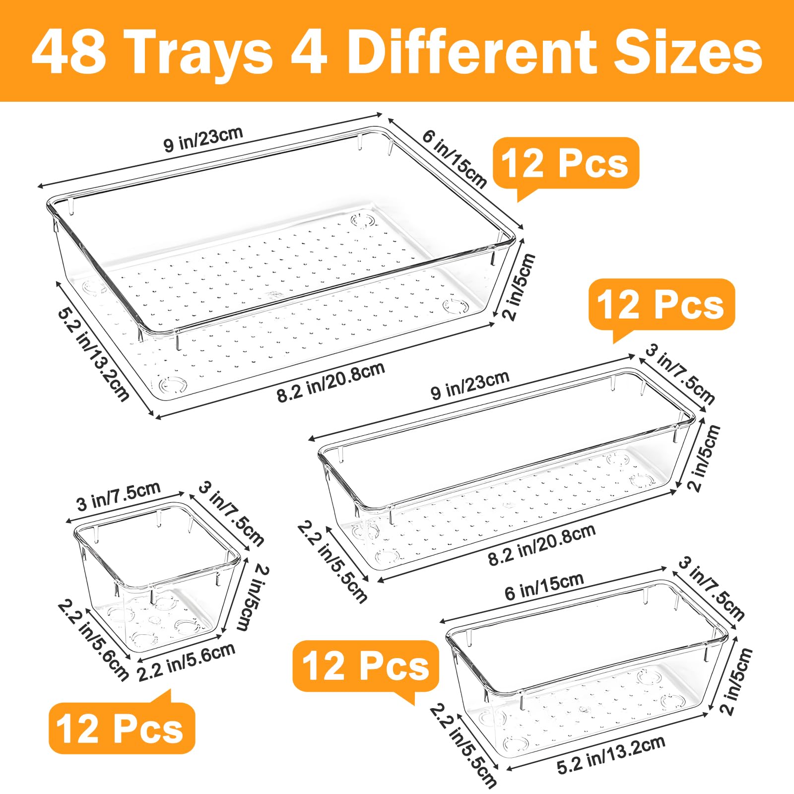 Locliki 48 PCS Clear Plastic Drawer Organizers, 4 Varied Size Versatile Dresser Drawer Organizer Trays, Drawer Storage Bins for Makeup, Utensils, Jewelry, Office