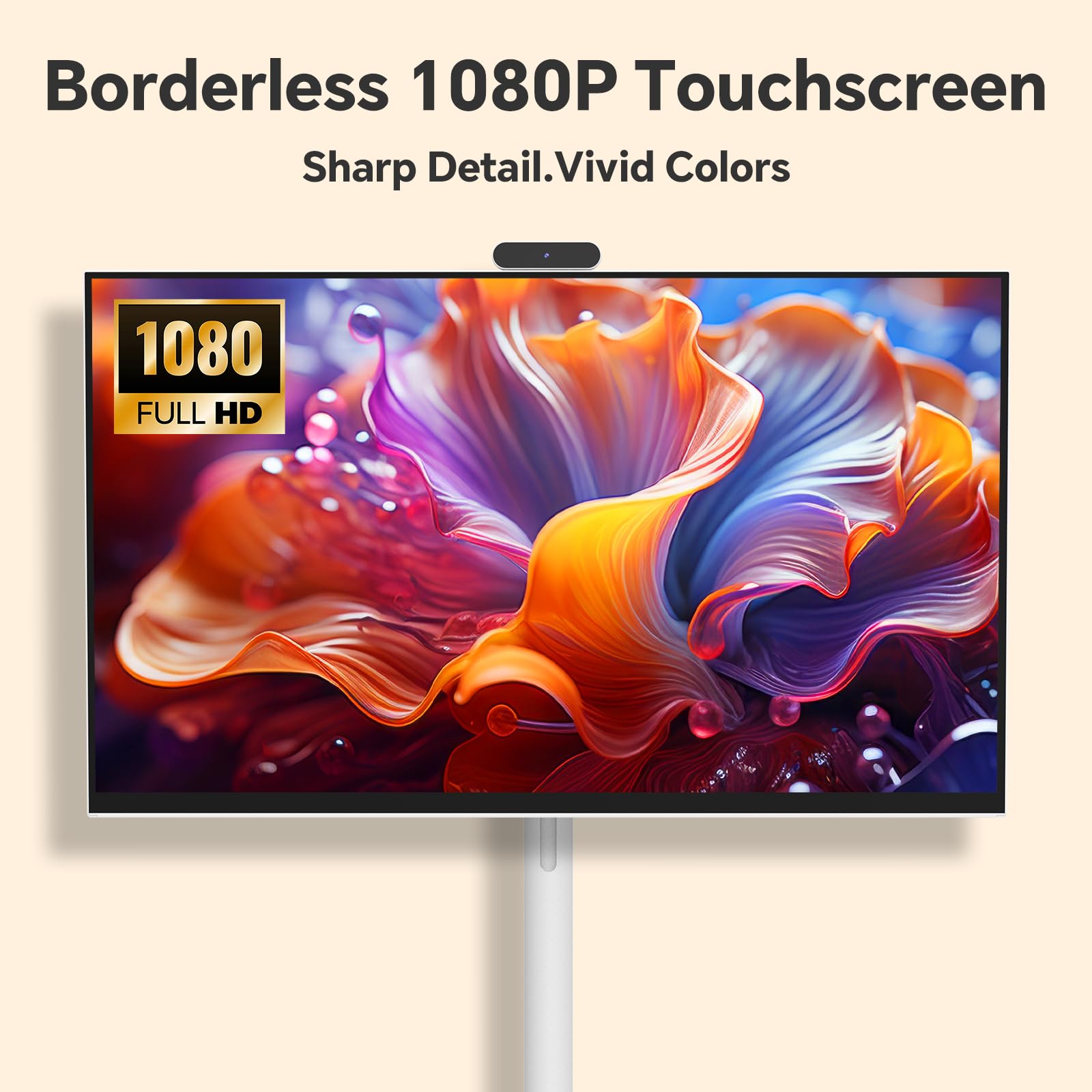 27 Inch Portable TV FHD 1080P Smart Touchscreen Monitor, Android Rolling TV with Detachable Magnetic Camera, 20W Speakers, Rechargeable Battery, Full Swivel Rotation, Built-in Voice Remote