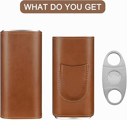 Miniatura 7 de cgaplus Caso de cigarros de cuero de 3 dedos con cortador de madera de cedro forrado humidor de cigarros portátil de viaje (marrón)