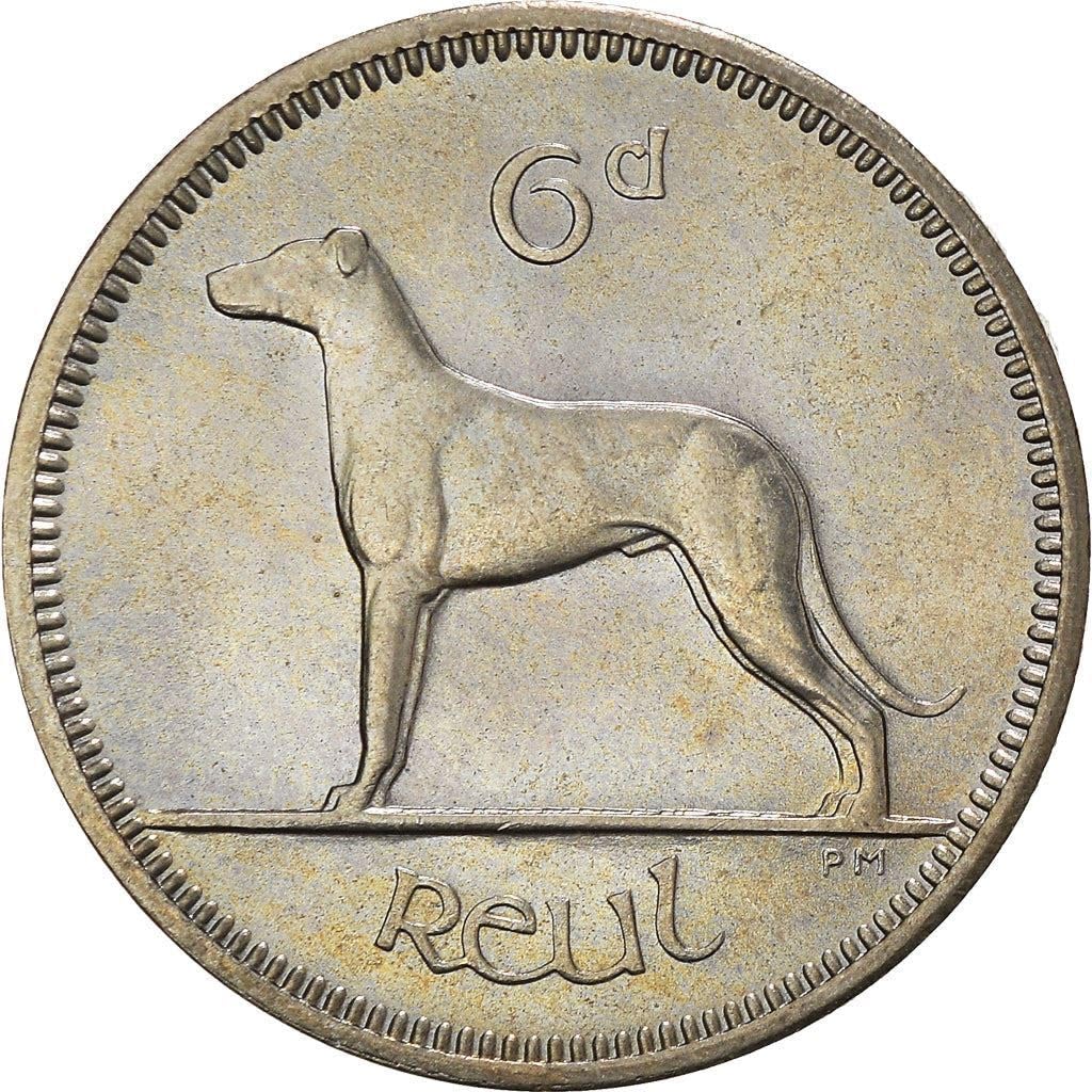 1942-1969 Irish Sixpence Coin, Legendary Wolfhound And Irish Harp