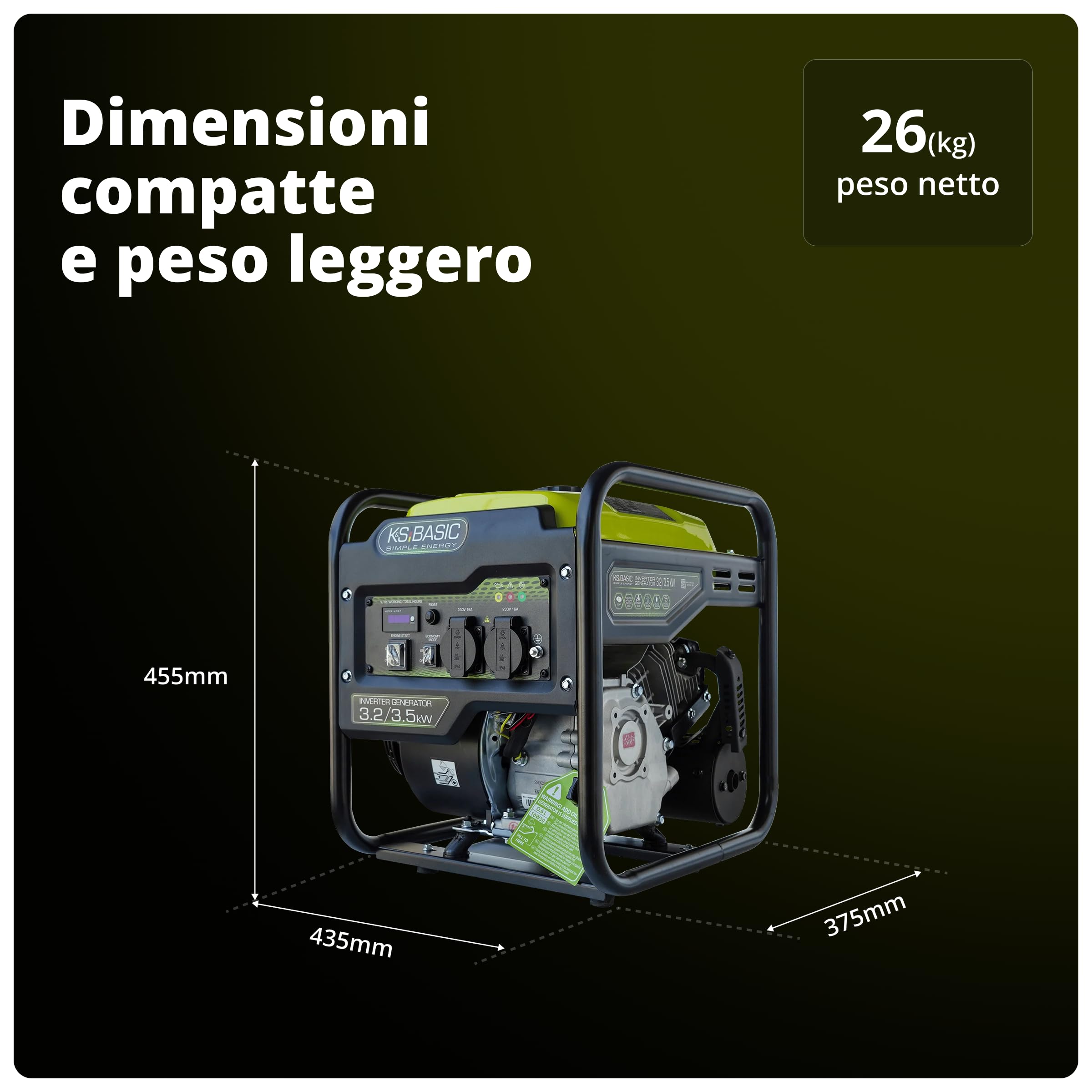 K&S Basic KSB 35i - Generatore di corrente a benzina a 4 tempi, con regolatore di tensione automatico, protezione contro la mancanza di olio, norma EURO V, 3500 W, 2 x 16 A (230 V) per uso domestico