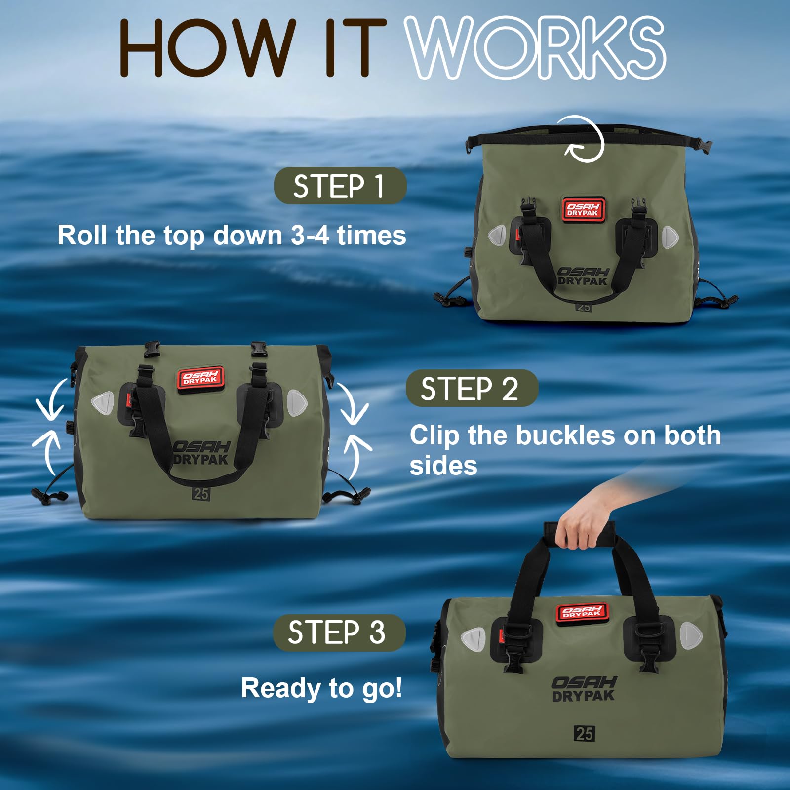 OSAH DRYPAK Sac à Dos étanche Dry Bag – Sac Marin imperméable avec Fermeture Roll Top, Grande capacité, Pochette de Voyage étanche Polyvalent pour Camping, Moto, Kayak, Paddle, Bateau, Plage et Pêche