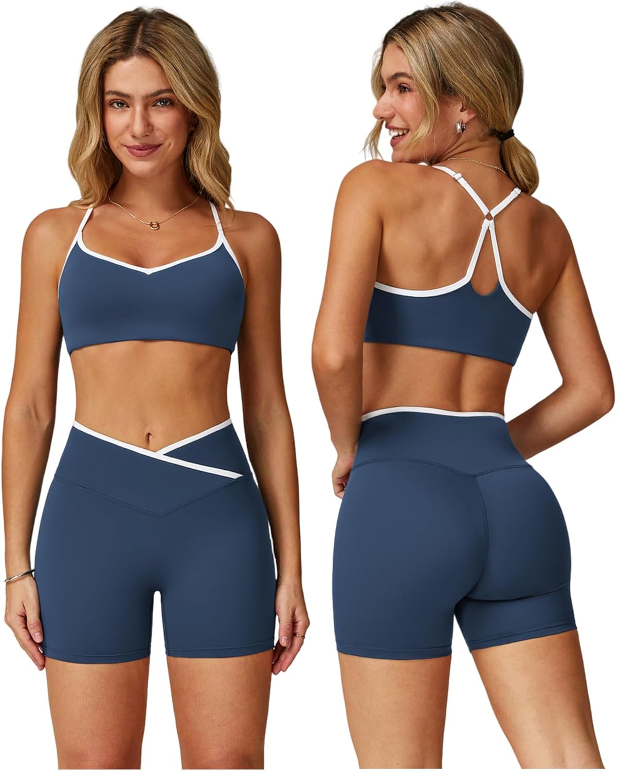 Women 2 Piece Workout Set Cami Straps Padded Colorblock X Back Sports Bra V High Waist Tummy Control Shorts Gym Outfit