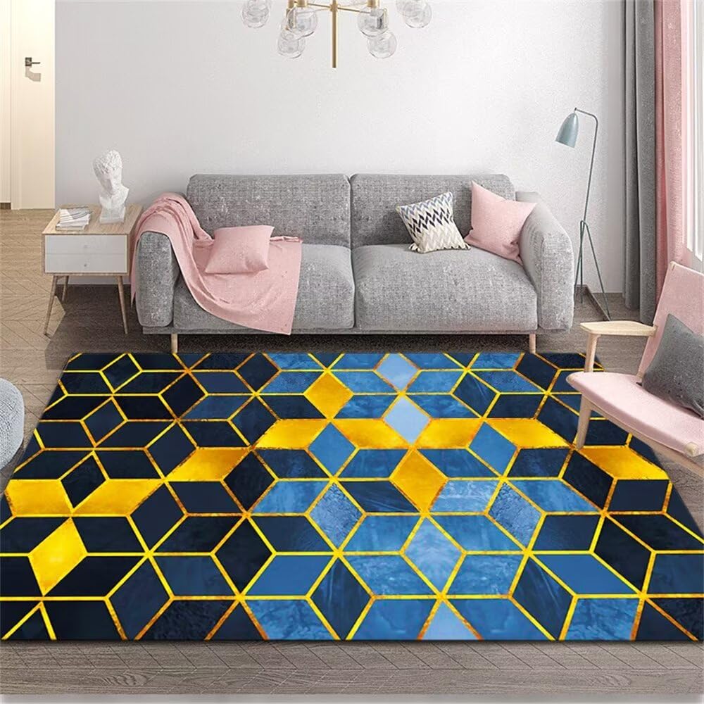 Tapis de salon moderne bleu or 130x190 idéal pour salle à manger chaleureuse