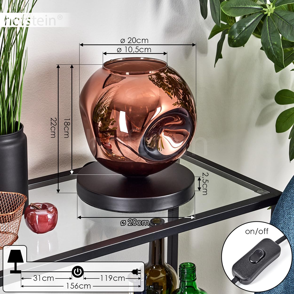 Tischleuchte Apedo, Tischlampe aus Metall/Glas in Schwarz/Kupferfarben, Leuchte im modernen Retro/Vintage-Design mit Schirm aus Glas (Ø 20 cm) u. An/-Auschalter am Kabel, 1 x E27, ohne Leuchtmittel