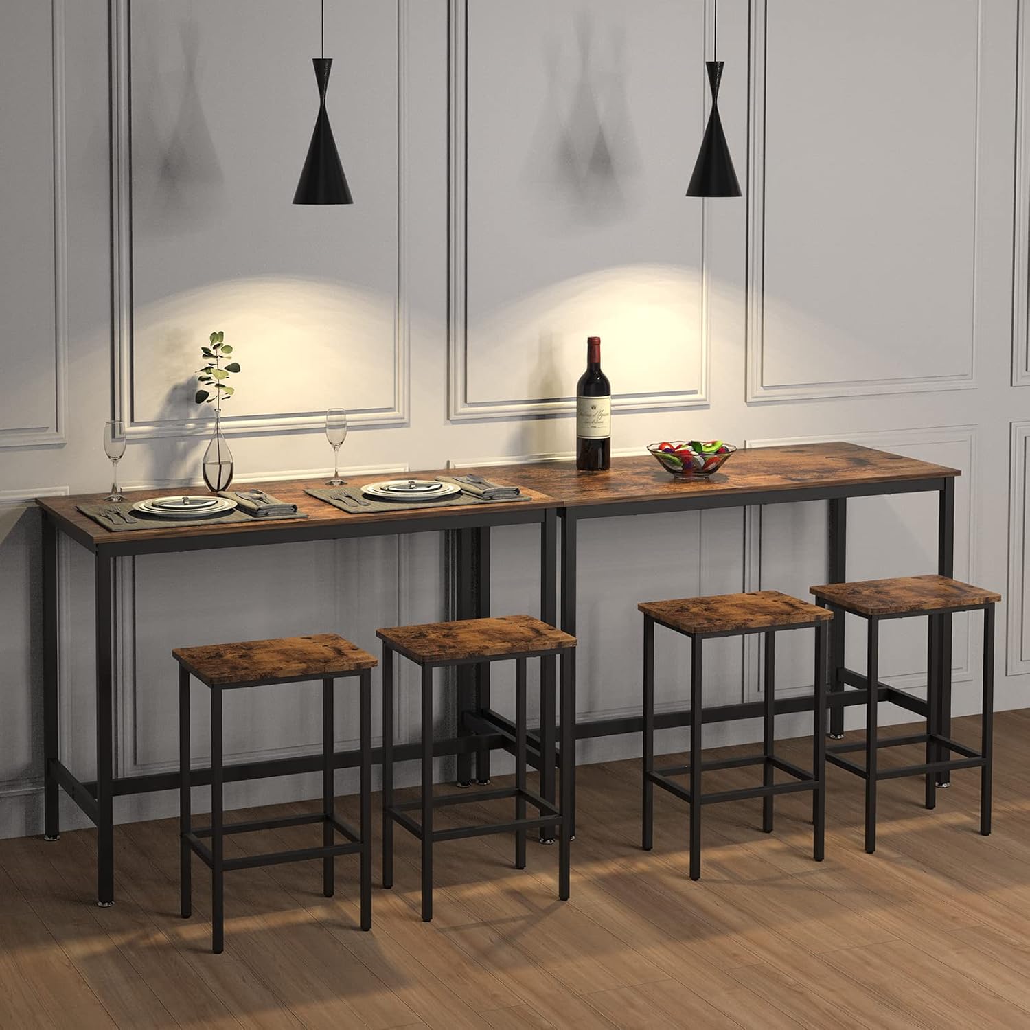 Bar Table and Chairs Set, Bar Height Counter with 2 Stools, 35.4” Industrial Dining Table Set, 3 Pieces Industrial Dinning Table Sets for Party, Kitchen, Living Room, Dining Room, Rustic Brown