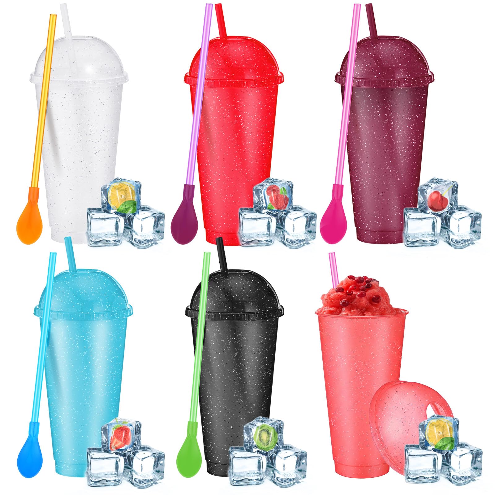 Photo 1 of Ninehaoou 6 Set Slushie Cups with Dome Lids and Straws Detachable Spoon Straws Reusable Plastic Iced Coffee Cups Smoothie Tumbler for Birthdays Summer Party Supplies(Dark Colors,24 oz)