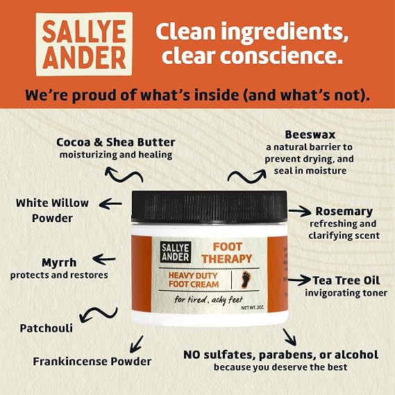 SALLYEANDER Heavy Duty Foot Therapy Cream - 2oz - Essential Oil Infused Healing Formula - Bold Tea Tree Oil, Mint, Herbal Scent - Moisturize Dry Cracked Feet