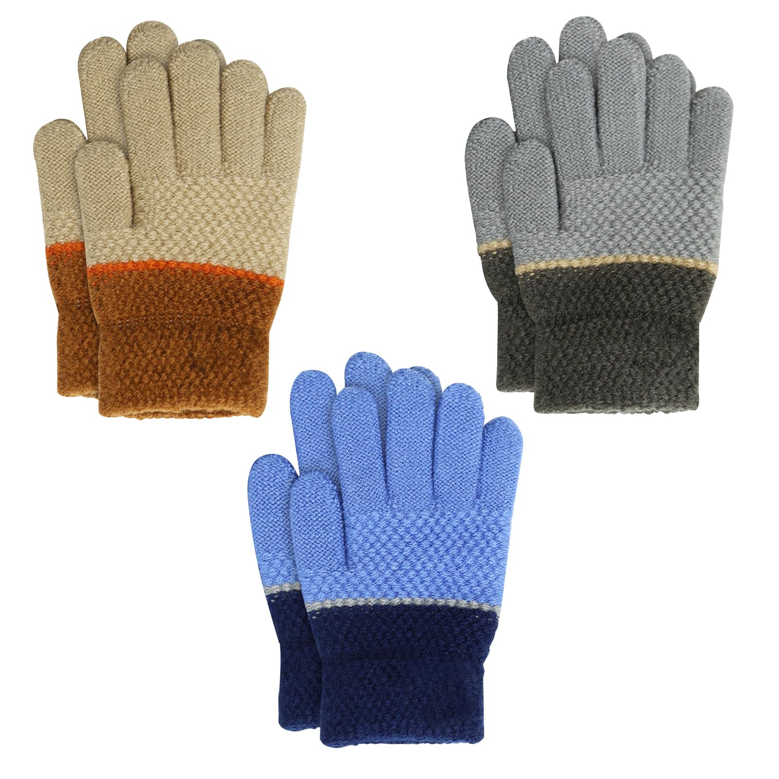 TAGVO Guantes de punto para niños pequeños, resistentes al viento, gruesos, térmicos, para niñas, niños, guantes elásticos para niños, 3 pares para exteriores (3 a 5 años)