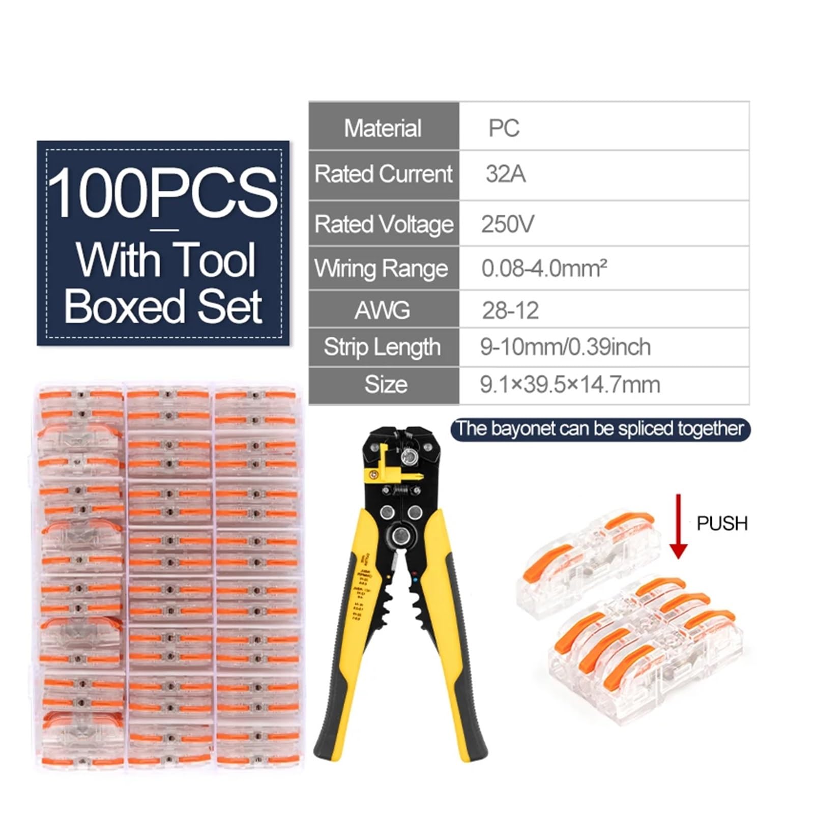 34/100pcs Kit Quick Butt Wire Connector For 28-12 AWG Lever Wire Connectors Compact Spring Crimping Splice Terminals(221T 100PCS-Tool)