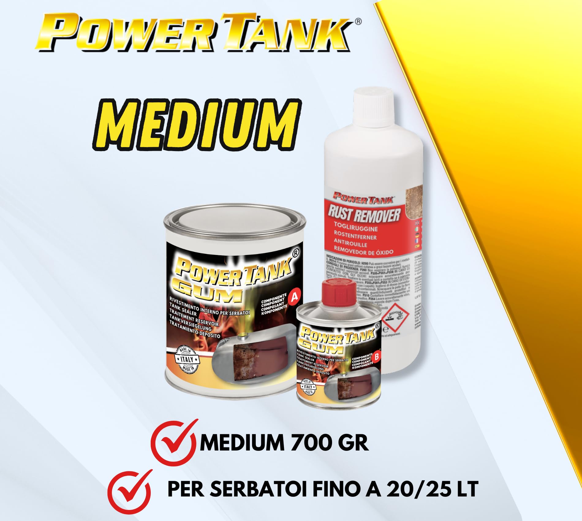 POWER TANK GUM - Trattamento Serbatoio Moto (20/25 Litri) Kit Medio Medium 700 gr per interno Serbatoi benzina Elimina la Ruggine Ripara Protegge Arrugginito da Moto Auto Vespa d'Epoca con Antiruggine