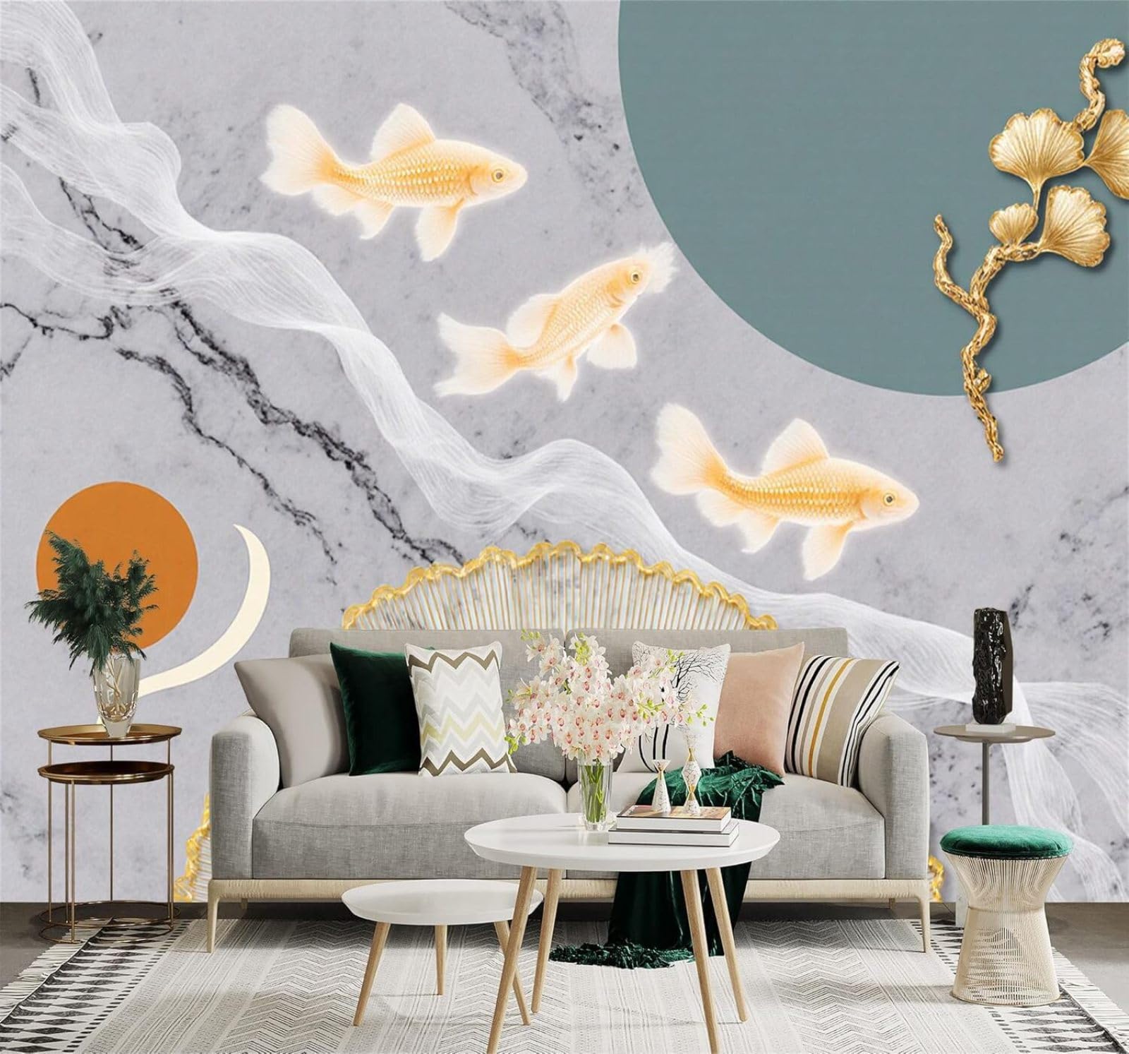 XLMING Golden Koi Marble Texture Abstract Waves Art 3D Wallpaper Silky Texture Home Study Office Grey Dining Room Sofa Bedroom Living Room TV Backdrop-350cm×256cm