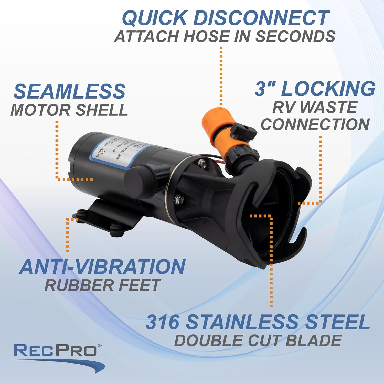 RecPro RV Portable Macerator Pump for Black Water Tank | 12GPM Sewage Grinder | 12V Toilet Waste Transfer System