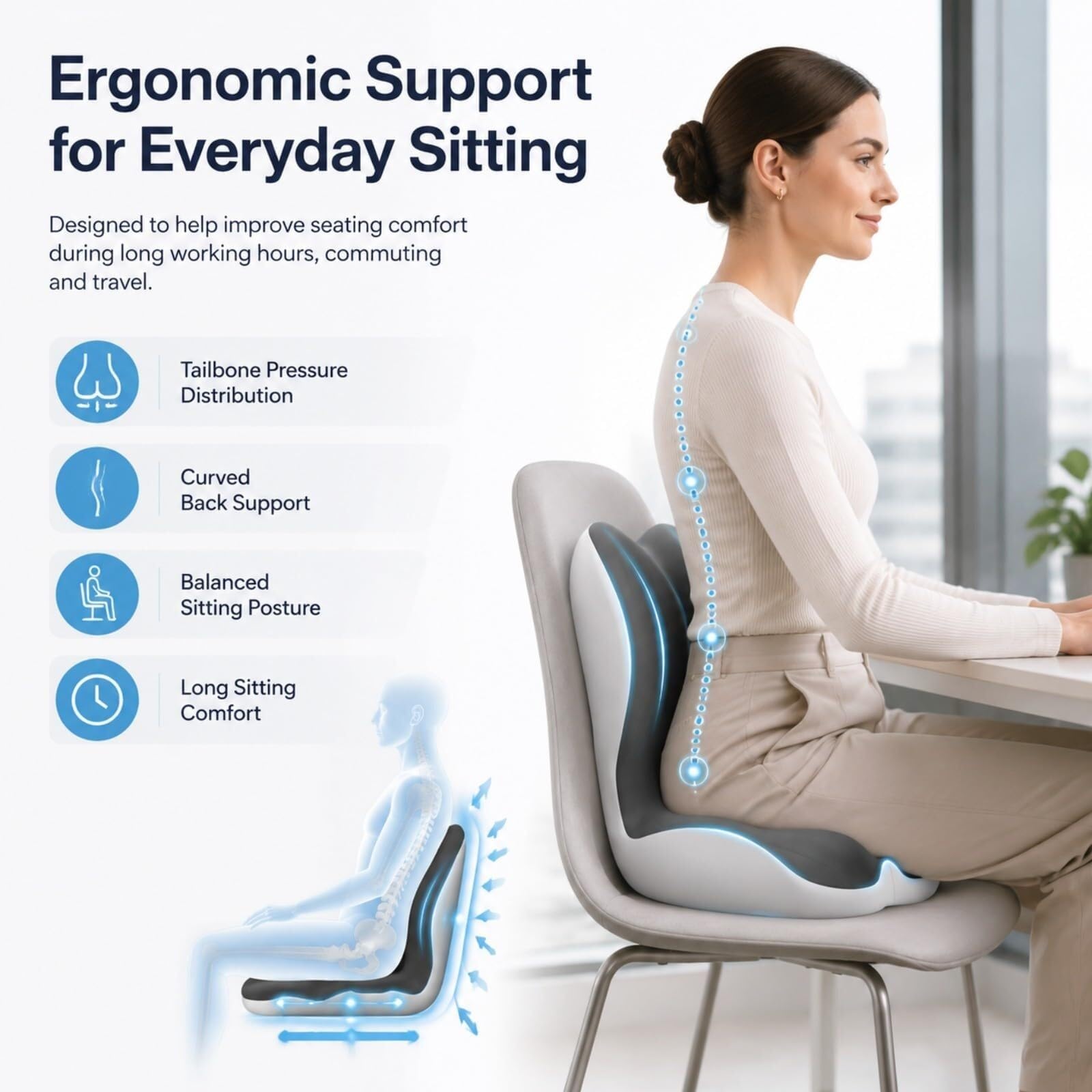 Cojín ergonómico de espuma viscoelástica para silla de oficina, cojín de apoyo para el coxis con base antideslizante (beige)