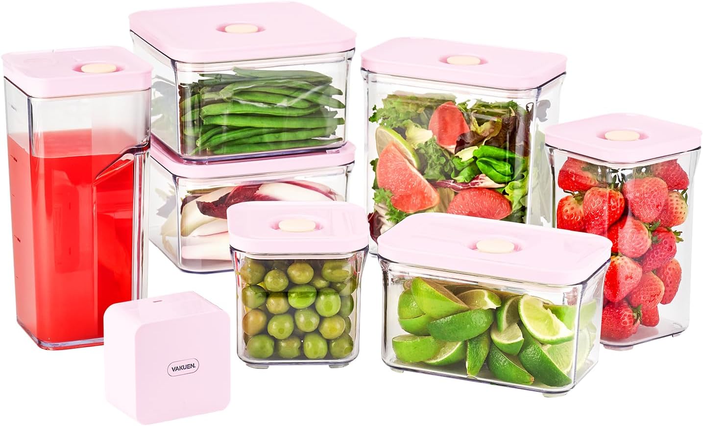 VAKUEN Premium Airtight Food Storage Containers ROSE 8P/SET, 6pcs Container, 1pcs Water Pitcher and Vacuum Sealer. Patented Double Silicone Lining, 100% Leak Proof, BPA-FREE VAKUEN ROSE 8P/SET