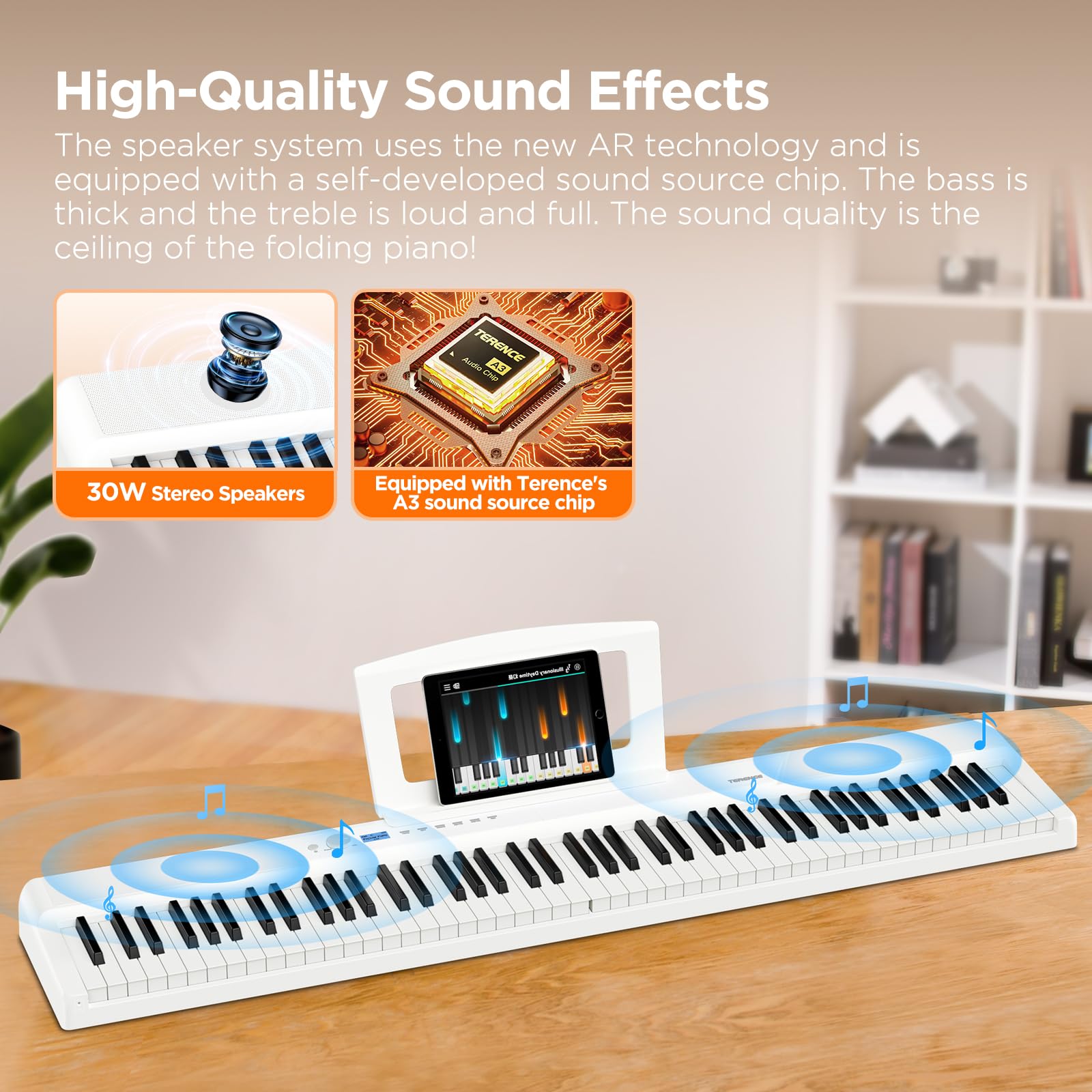 TERENCE Piano numérique 88 touches - 30 W - Haut-parleur AR - Système audio - Piano électronique pliable - 4 effets de réverbération - Capteur miroir - Interfaces MIDI