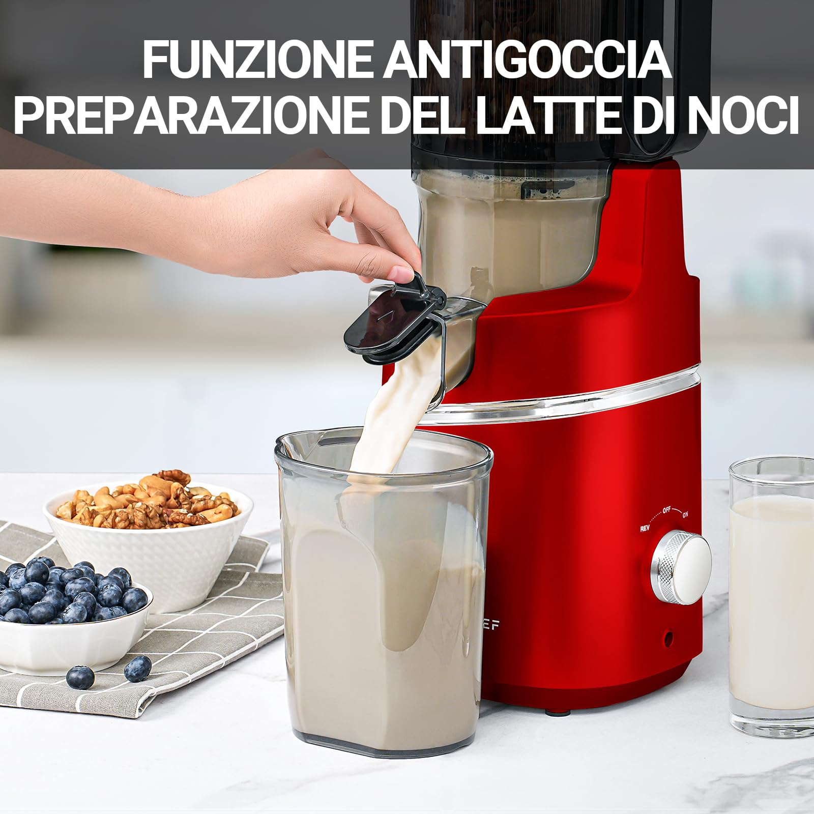 AMZCHEF Estrattore Automatico, Apertura 135MM e Capacità 1,8L Estrattore Frutta e Verdura Intera, 250W Estrattori di Succhi Professionale con Triplo Filtro - Rosso
