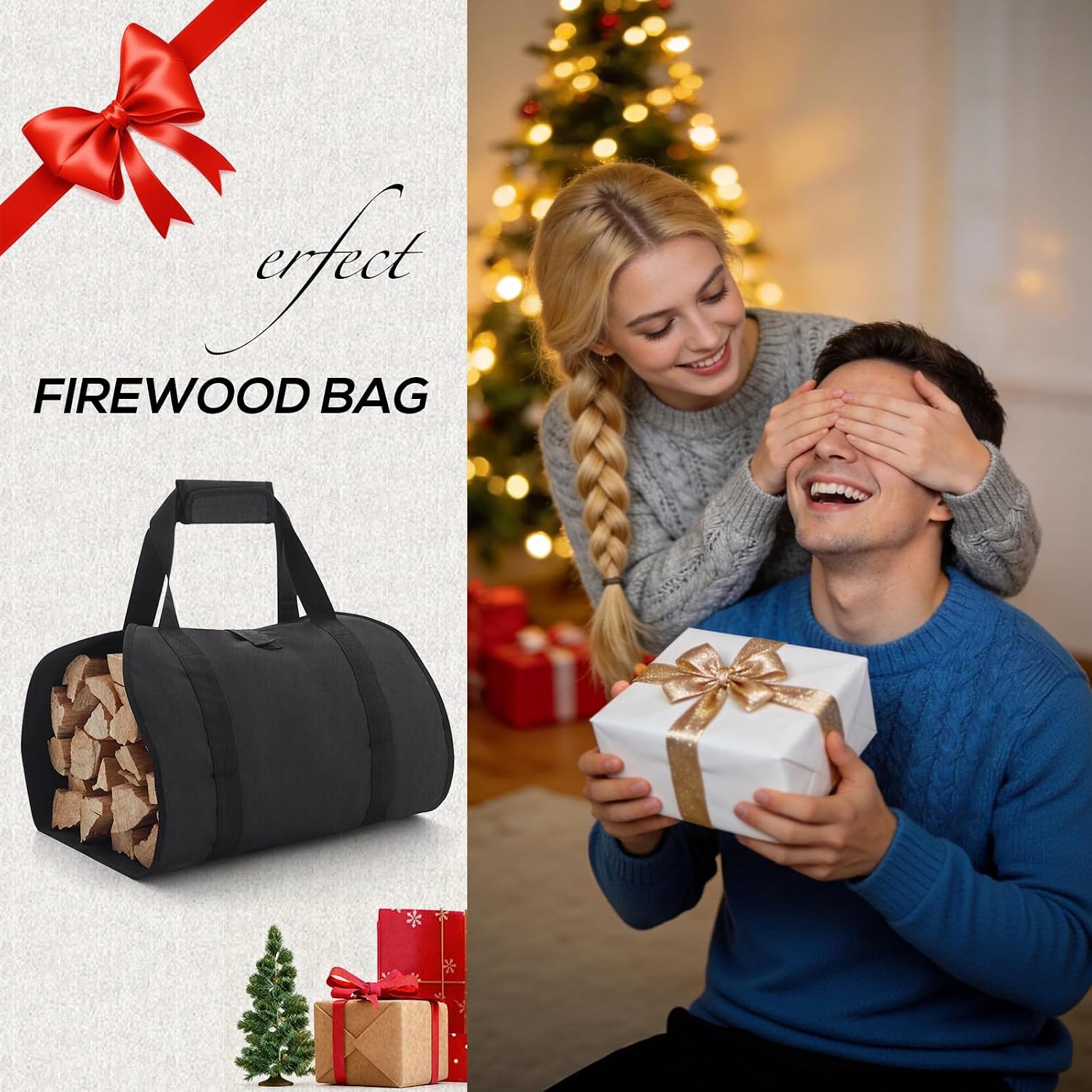 FLASLD Firewood Carrier Waxed Canvas Firewood Bag Heavy Duty Large Fireplace Carrier Durable Log Tote Fire Wood Carring Bag with Handles Wood Sling Holder Cabin Stove Accessories (Black)