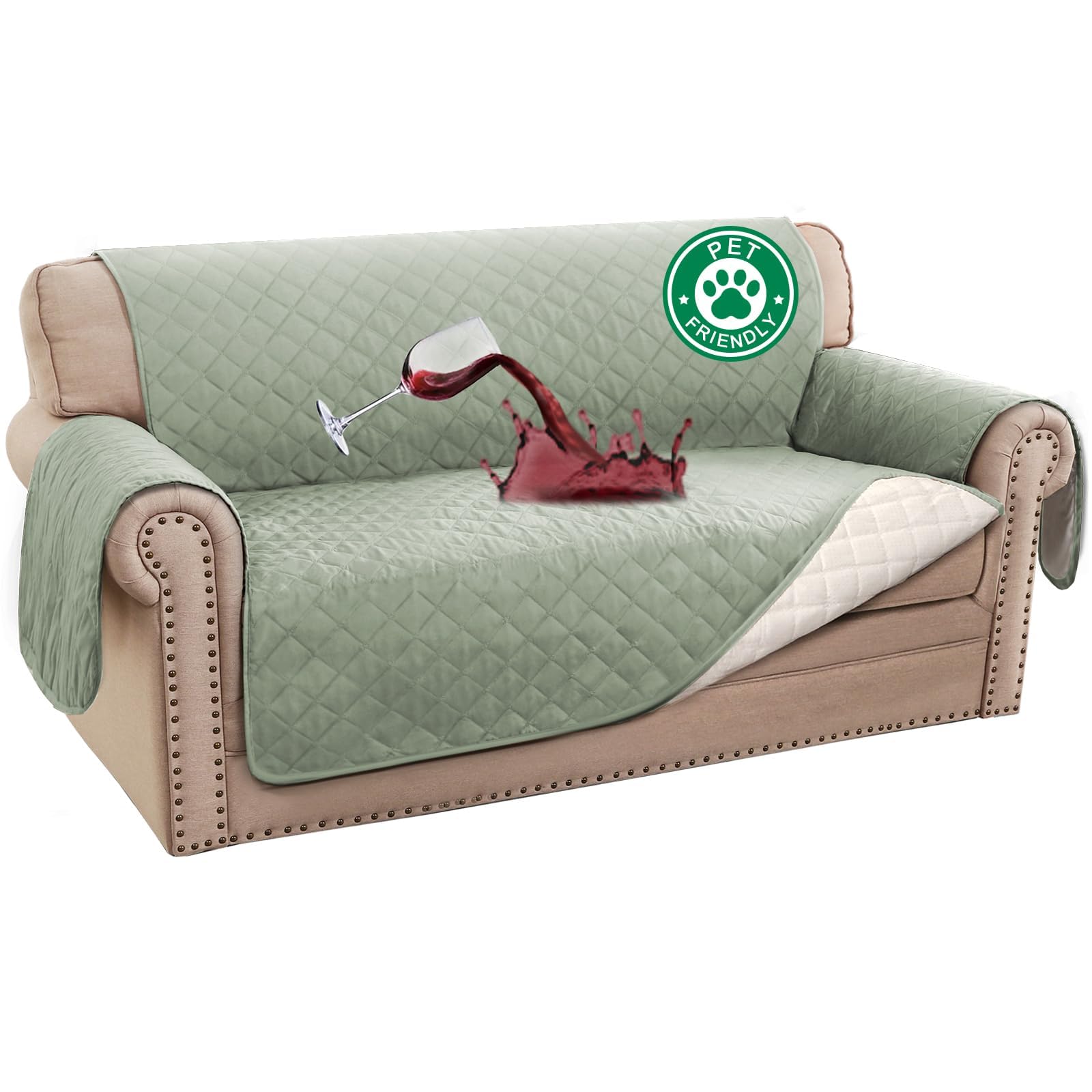 BellaHills Sofa Cover 100% Waterproof Sofa Covers 2 seater Couch Covers Sofa Slipcovers with Elastic Straps Triple Non-Slip Loveseat Sofa Cover Furniture Protector for Kids (Loveseat 47", Sage)