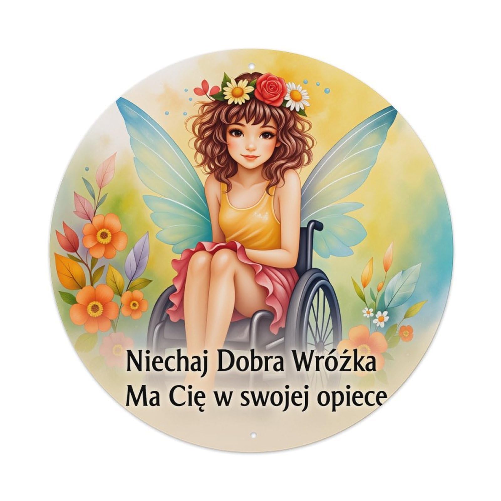 Fairy In Wheelchair With Flowers Round Tin Sign Vintage Style Metal Sign Home Bar Garden Wall Plaque Decor Metal Poster 8x8 Inch