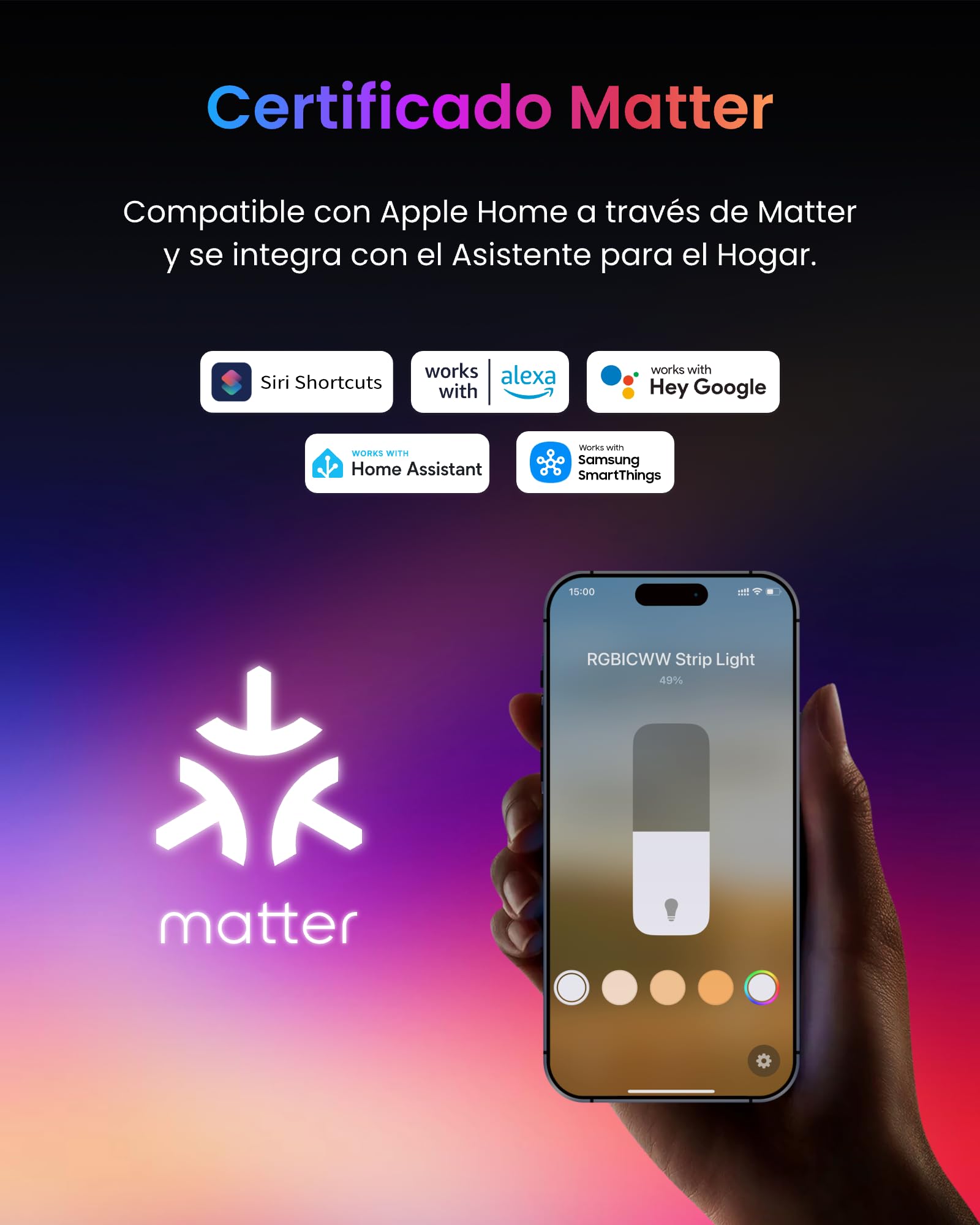 SwitchBot RGBICWW Tira LED 5M, 72 LEDs/m Matter Luces LED Compatibles con Apple Home, Alexa, Google Home, 16 Millones de Colores, sincronización con música, LED para Habitación, Cocina, Fiesta, TV