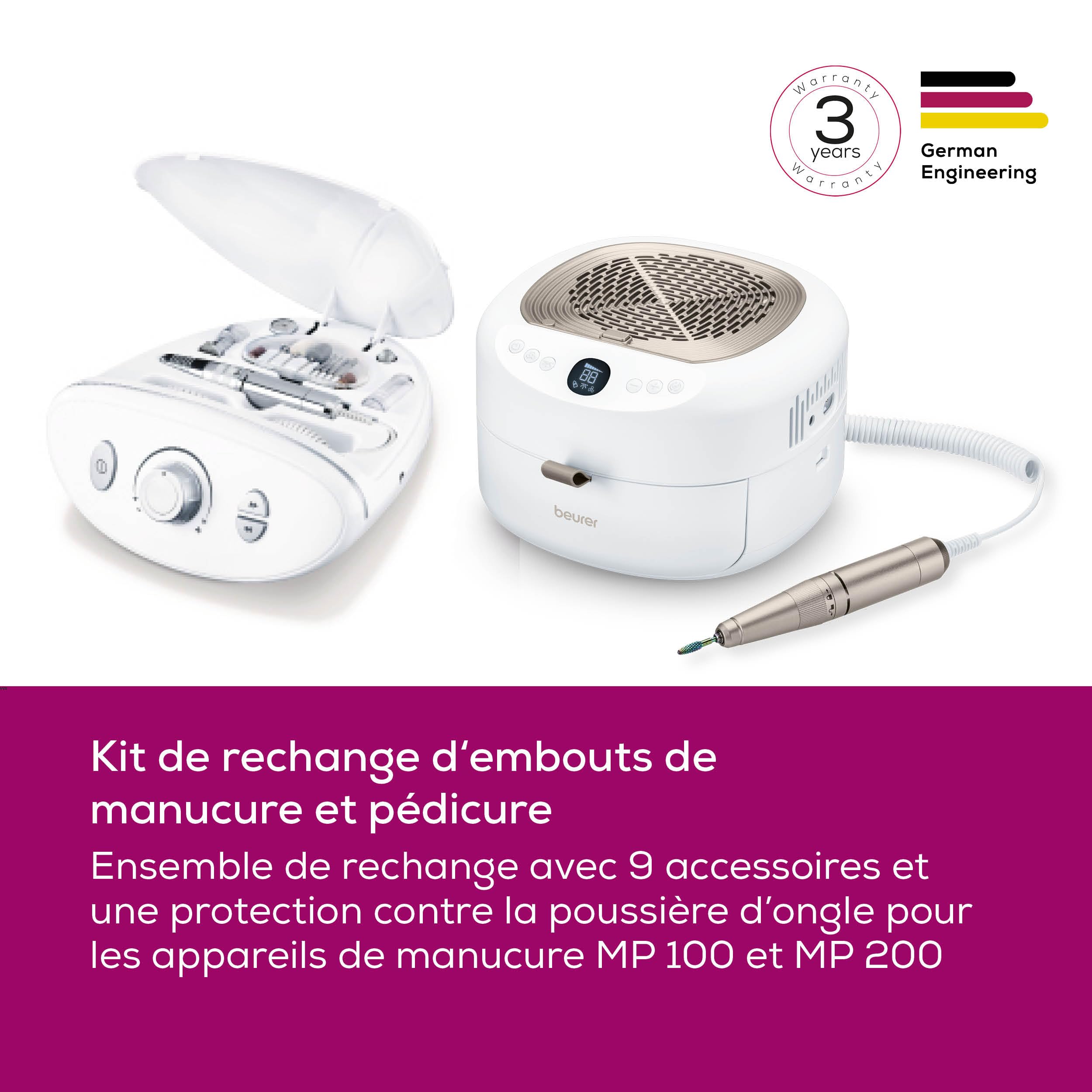 Beurer MP 100/ MP 200 Kit de rechange pour les appareils de manucure MP 100 et MP 200, 10 embouts de fraise à ongles en saphir, céramique et feutre, 30 embouts jetables, avec capuchon de protection