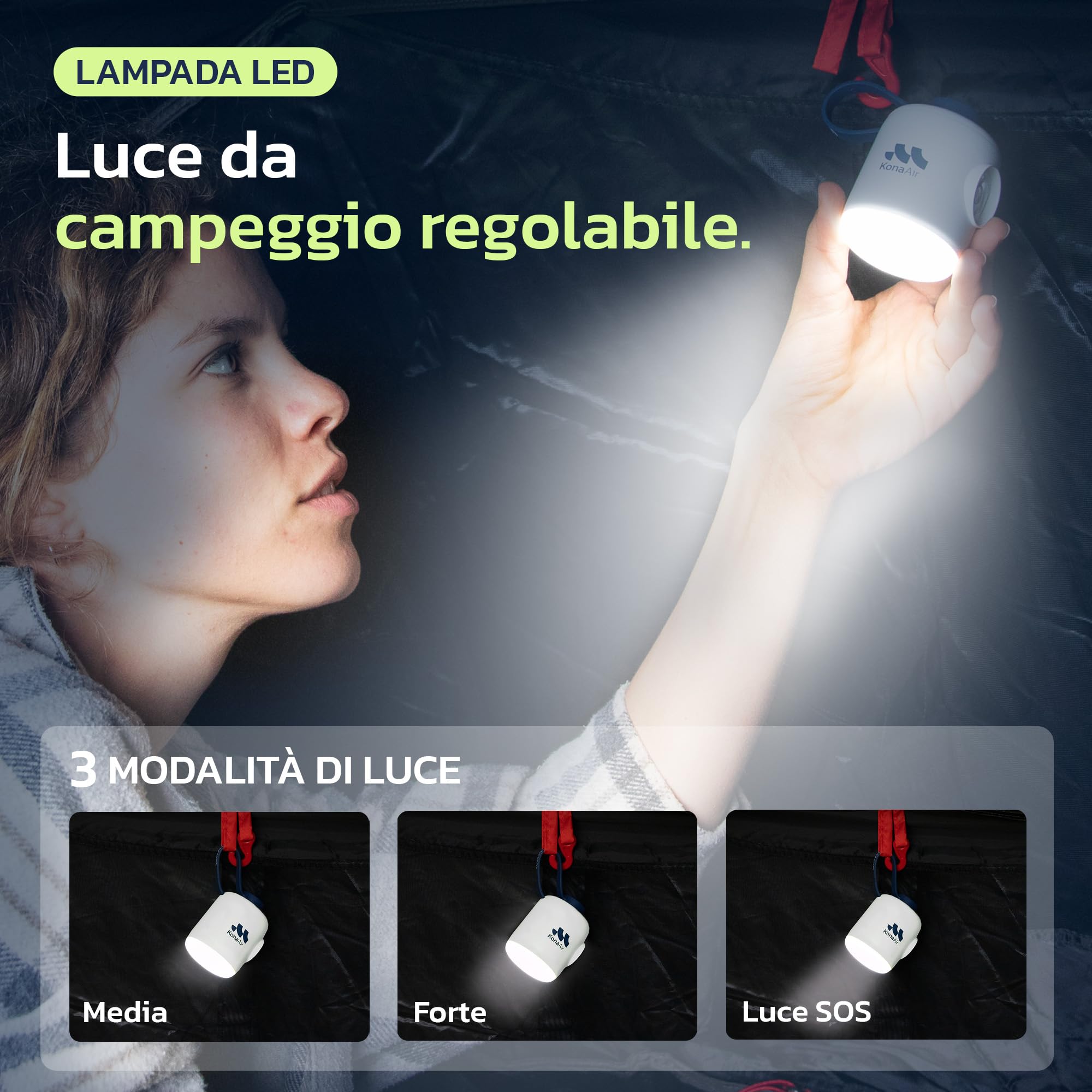 Woowind Kona Air Pompa Elettrica Per Materasso Gonfiabile, mini pompa ad aria per gonfiabili, portata 200 L/min, gonfia/sgonfia letti, galleggianti, tende, con luce LED di 10 ore