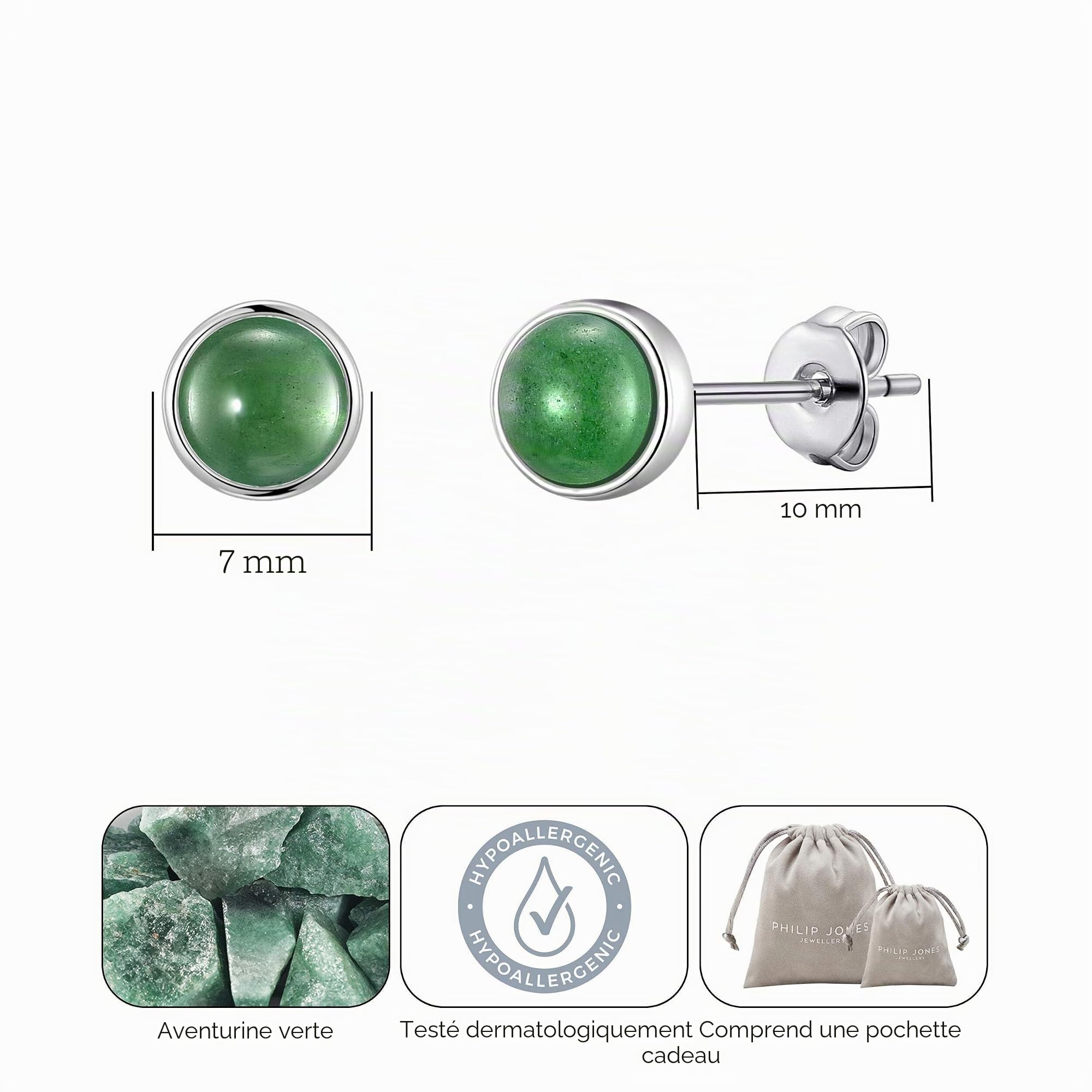 Boucles d'oreilles clous en aventurine verte avec carte de citation