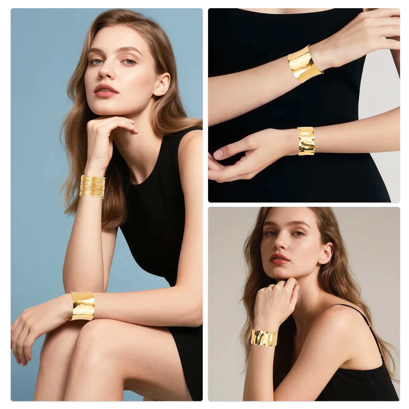 Mikovivi 3pz Set Bracciali Rigidi Dorati per Donna, Filo Liscio e Polsino Aperto Martellato Bracciale Braccio Largo Chunky Irregolare Parte Gioielli da Polso Regolabili per Feste Regali Quotidiani