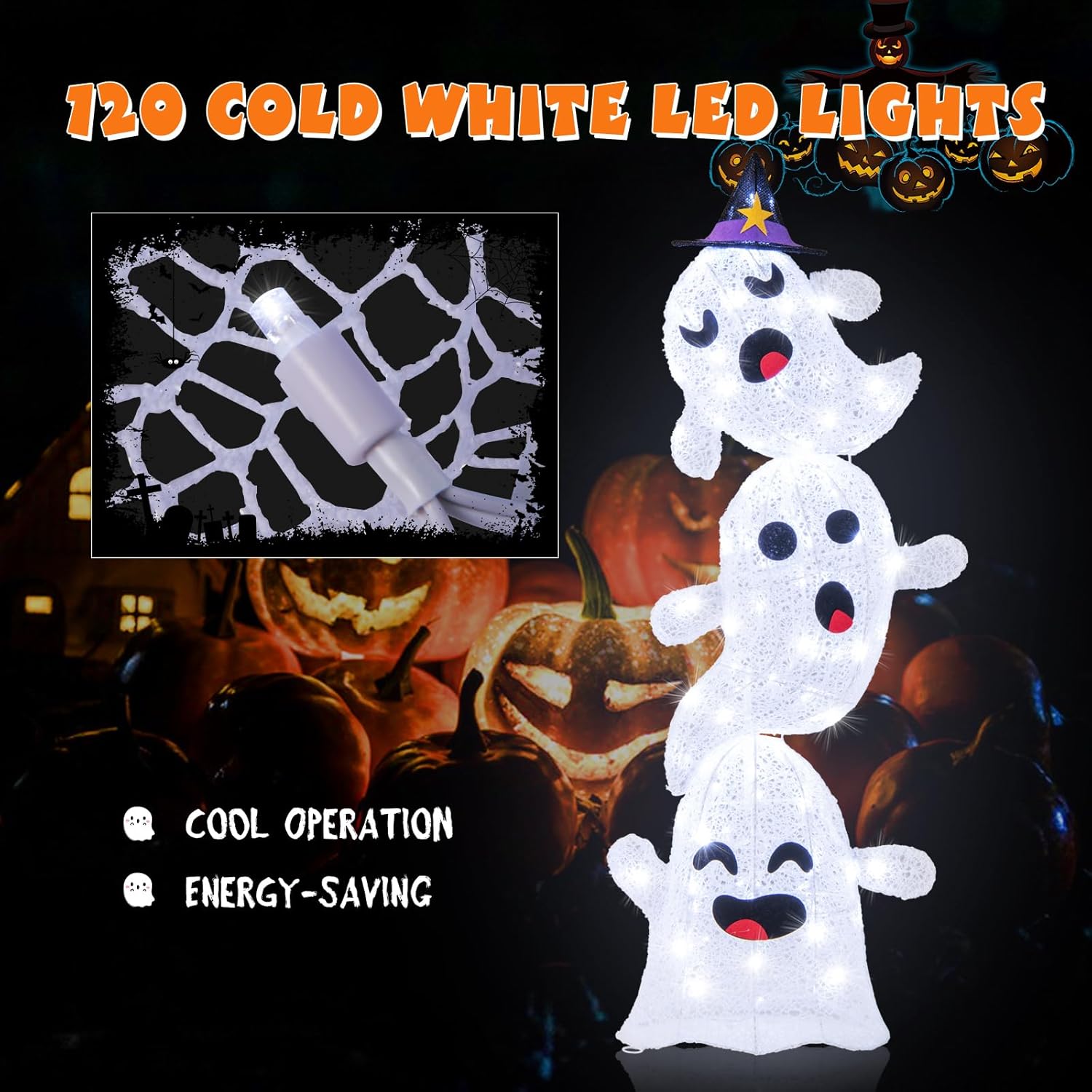 Goplus 4 Ft Halloween Decorations Outdoor Stacked Ghosts, Free-Standing Cute Yard Decorations with 120 Built-in LED Lights, Halloween Light up Spooky Ghosts for Lawn, Garden, Front Porch, Party